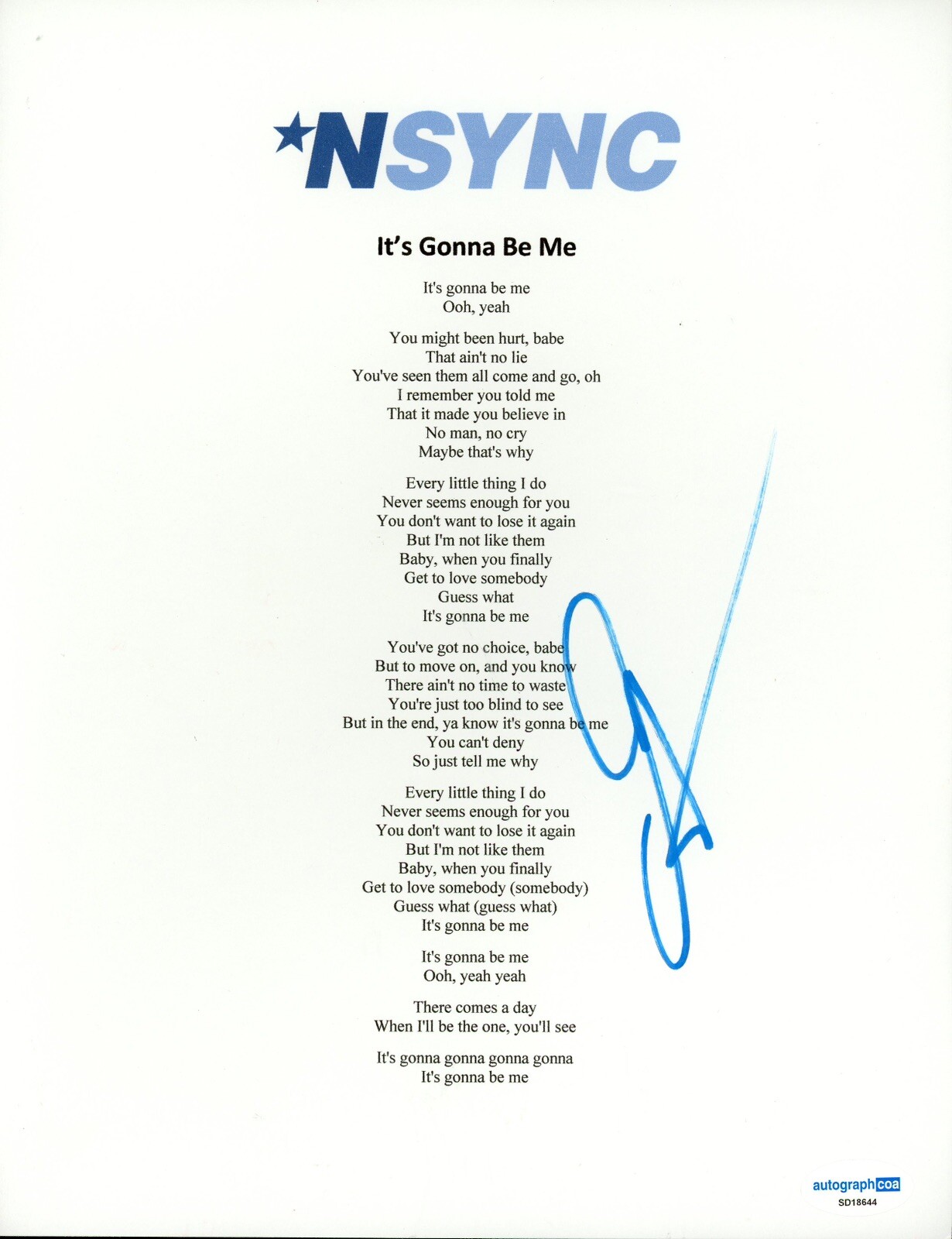 *NSYNC JOEY FATONE SIGNED LYRIC SHEET ITS GONNA BE ME AUTOGRAPHED ACOA CERTIFIED
