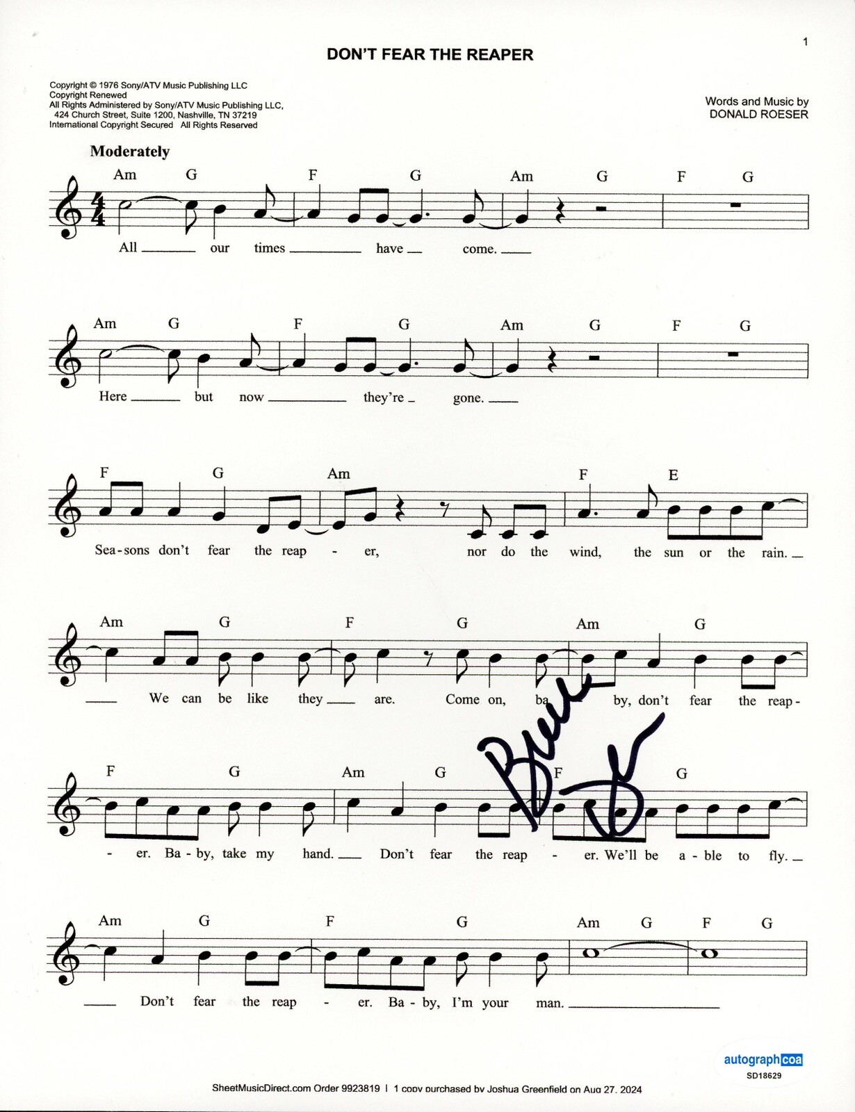 BLUE OYSTER CULT BUCK DHARMA SIGNED DONT FEAR THE REAPER LYRIC SHEET  ACOA COA