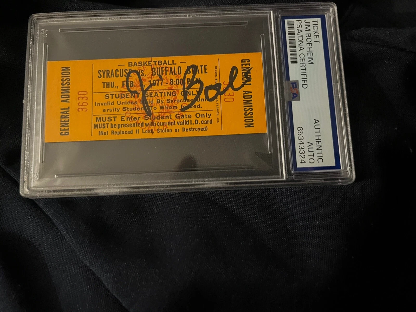 JIM BOEHEIM HAND SIGNED 1977 SYRACUSE BASKETBALL TICKET RARE PSA SLABBED