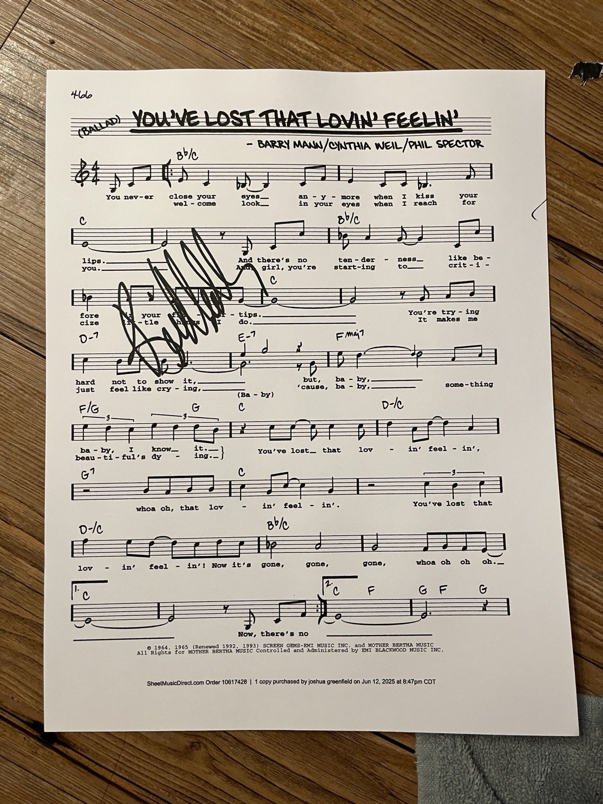 BILL MEDLEY Signed Lyrics *LOVIN' FEELING*  RIGHTEOUS BROTHERS Autographed ACOA