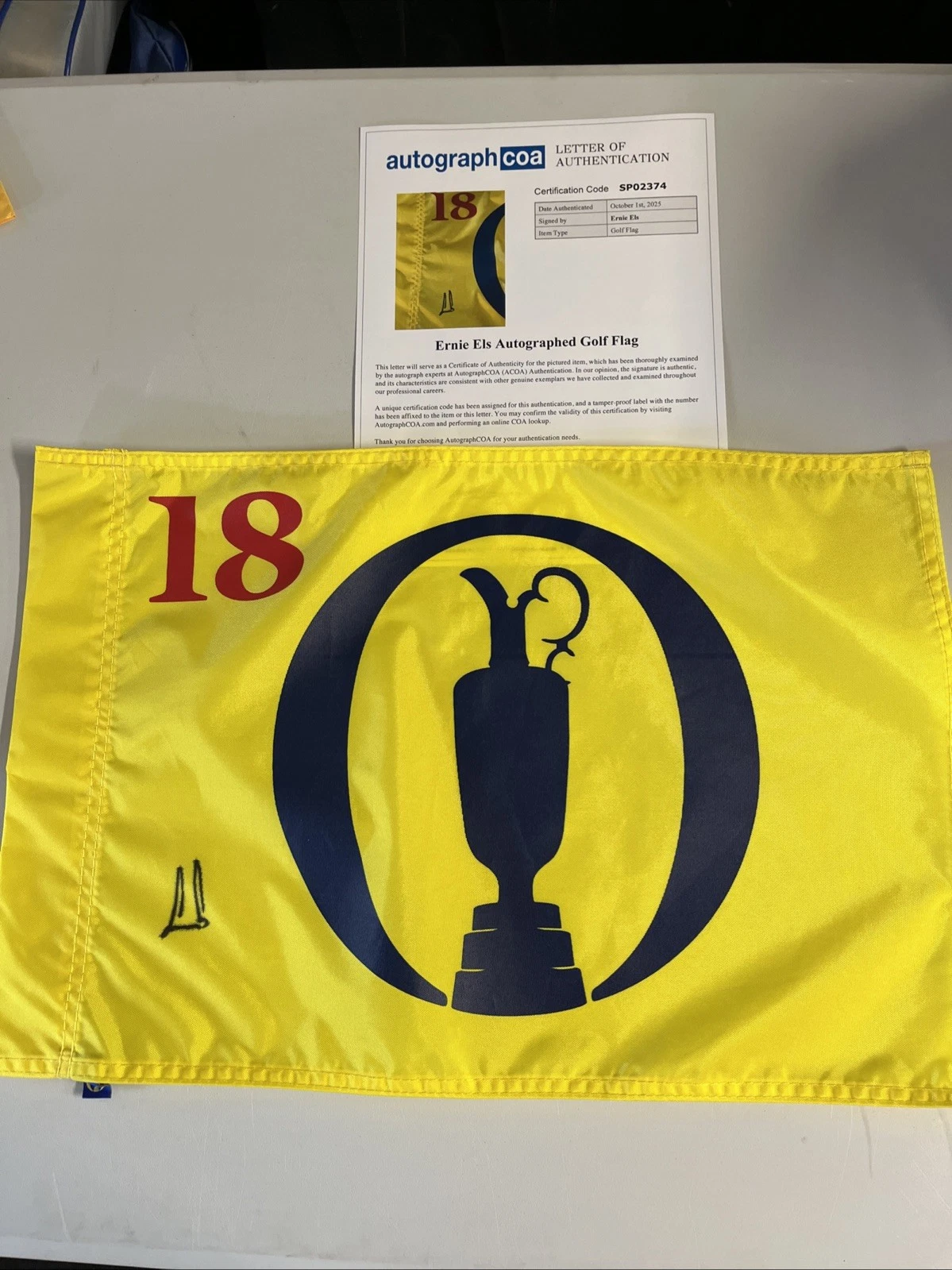 ERNIE ELS SIGNED AUTOGRAPH BRITISH OPEN PIN FLAG ACOA FULL LETTER COA THE OPEN