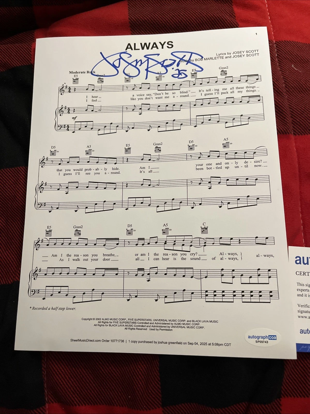 SALIVA JOSEY SCOTT SIGNED AUTOGRAPHED LYRIC ALWAYS ACOA CERTIFIED RARE