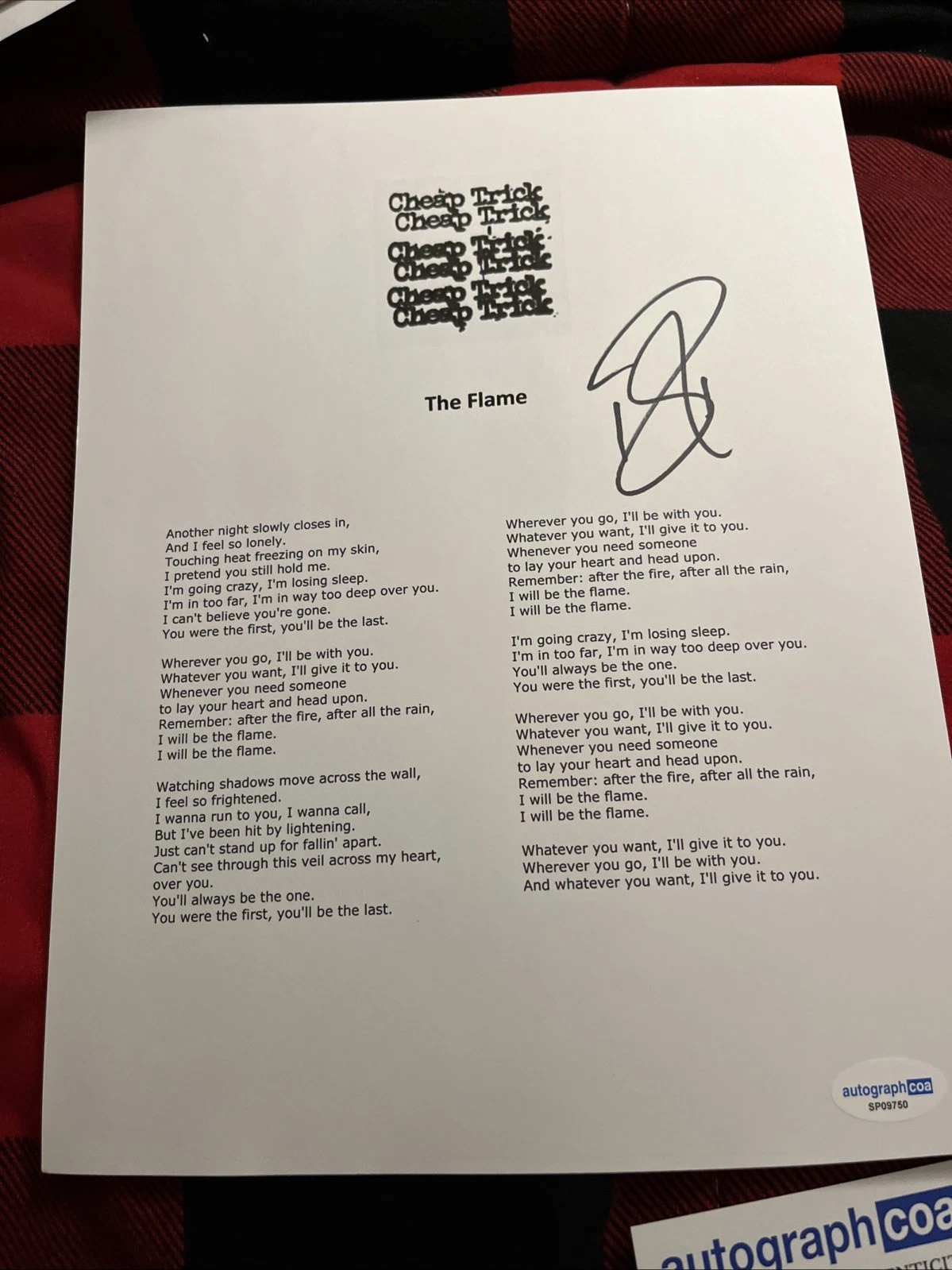 Robin Zander signed Cheap Trick The Flame Lyric sheet  autographed ACOA COA