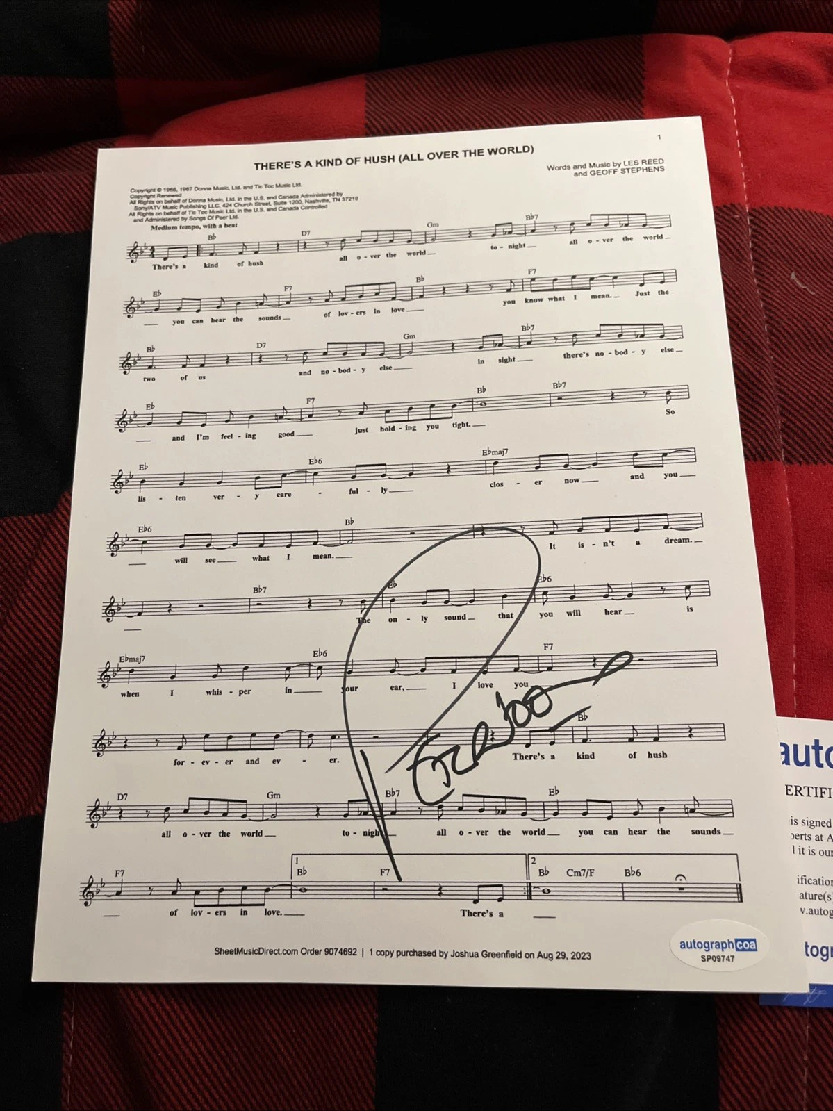 PETER NOONE SIGNED AUTOGRAPHED LYRIC SHEET THERES A KIND OF HUSH ACOA COA 8.5/11