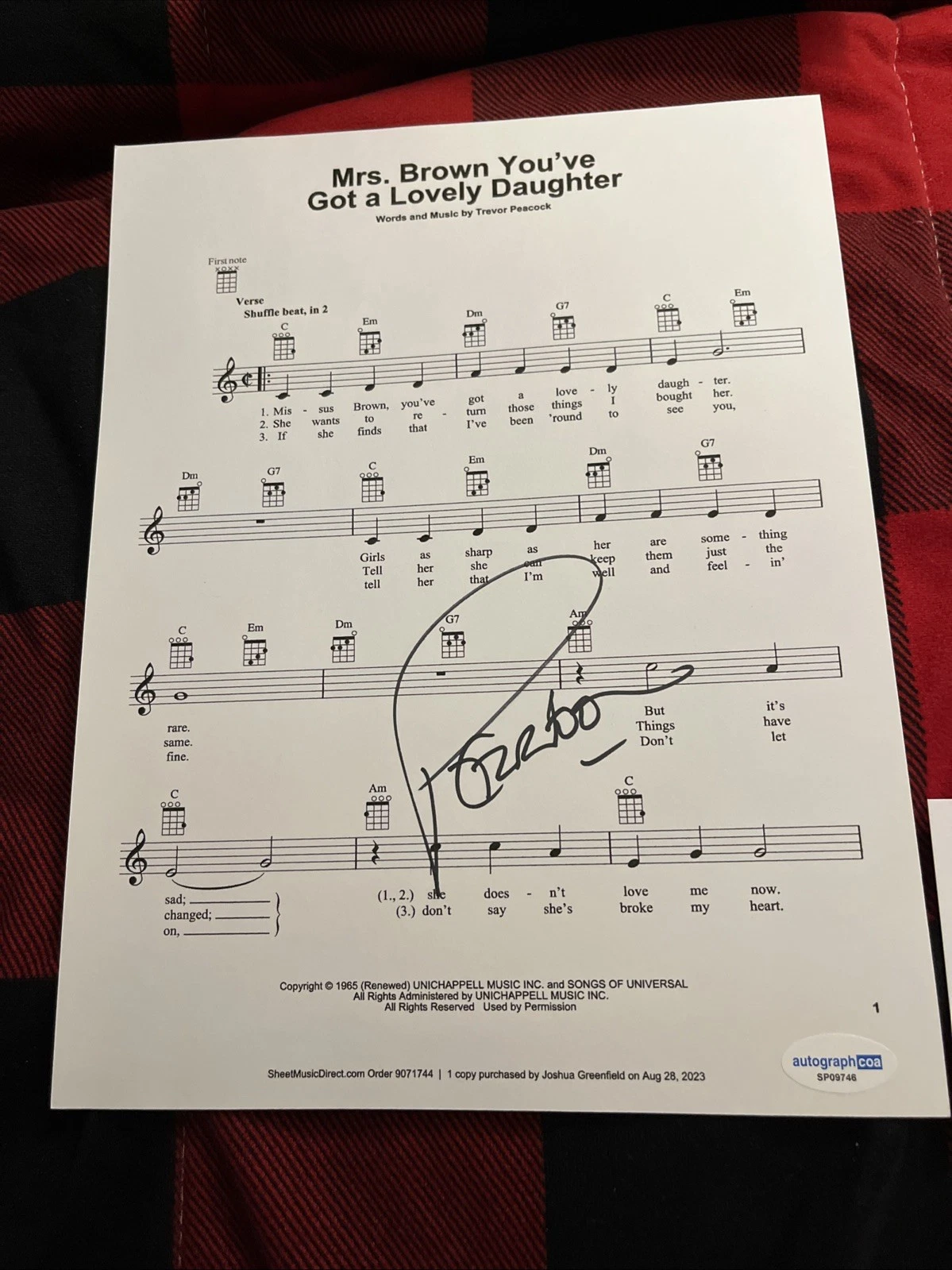 HERMANS HERMITS PETER NOONE MS BROWN LOVELY DAUGHTER LYRIC SHEET ACOA CERTIFIED