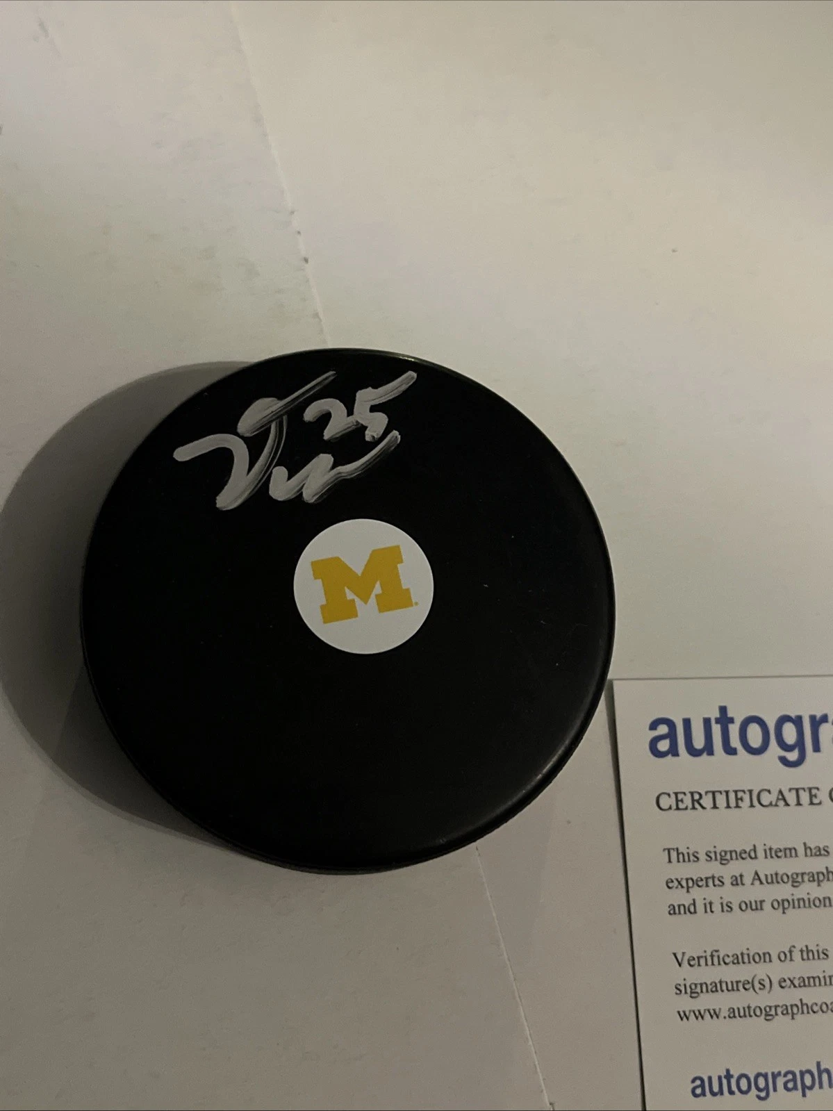 MICHIGAN WOLVERINES- DYLAN DUKE SIGNED AUTOGRAPH HOCKEY PUCK ACOA LIGHTNING