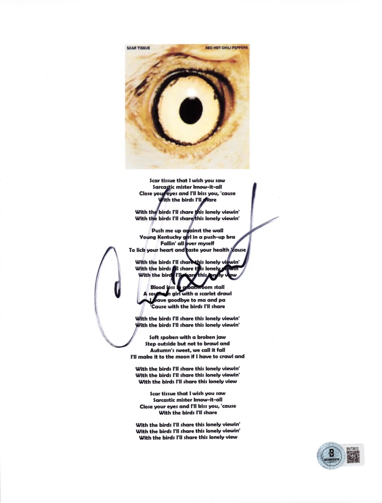 Chad Smith Signed Red Hot Chili Peppers Scar Tissue Lyric Sheet Beckett