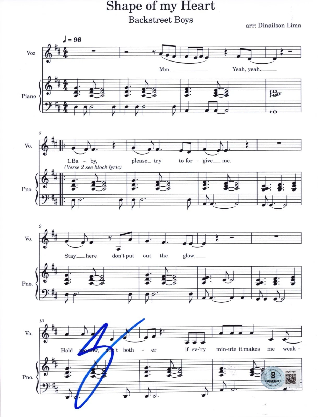 AJ McLean Signed Shape of My Heart Sheet Music Backstreet Boys Autograph Beckett