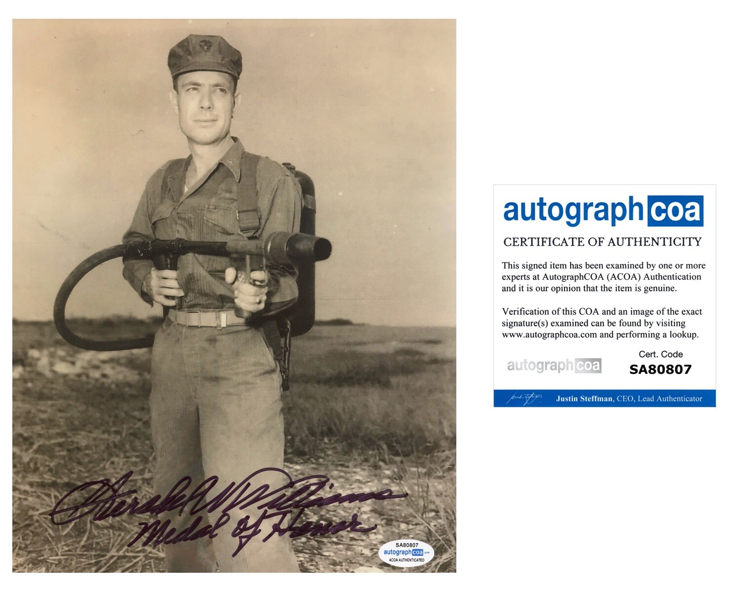 HERSCHEL WILLIAMS signed IWO JIMA MEDAL OF HONOR ACOA Certified Hero
