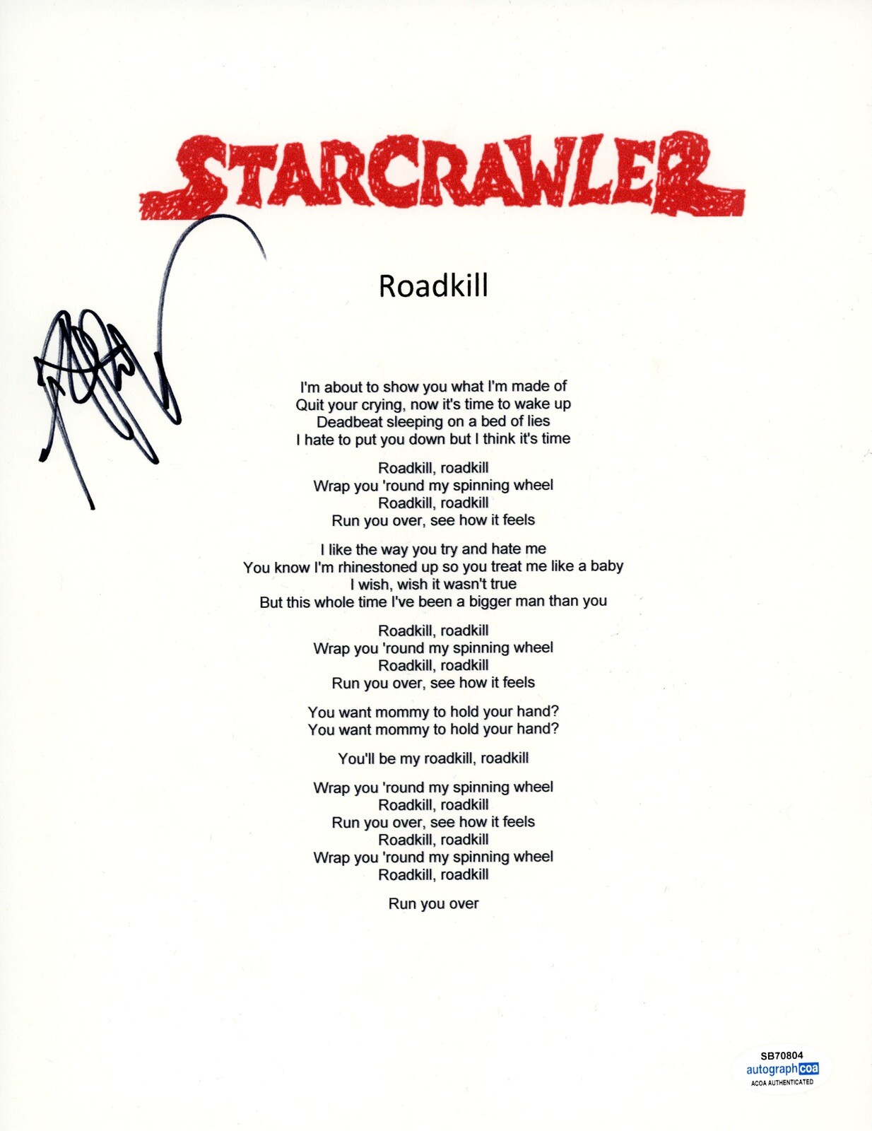 ROCK BAND STARCRAWLER ARROW DE WILDE SIGNED AUTO LYRIC SHEET ACOA CERTIFIED Road