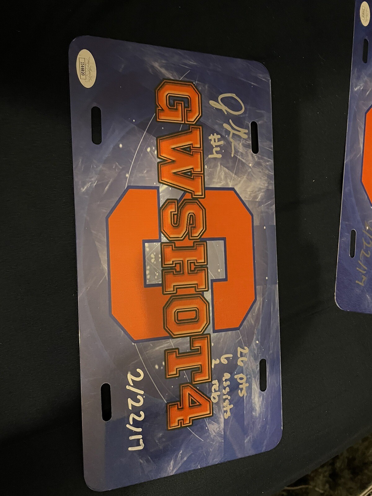 SYRACUSE ORANGE JOHN GILLON THE SHOT DUKE SIGNED LICENSE PLATE SU JSA