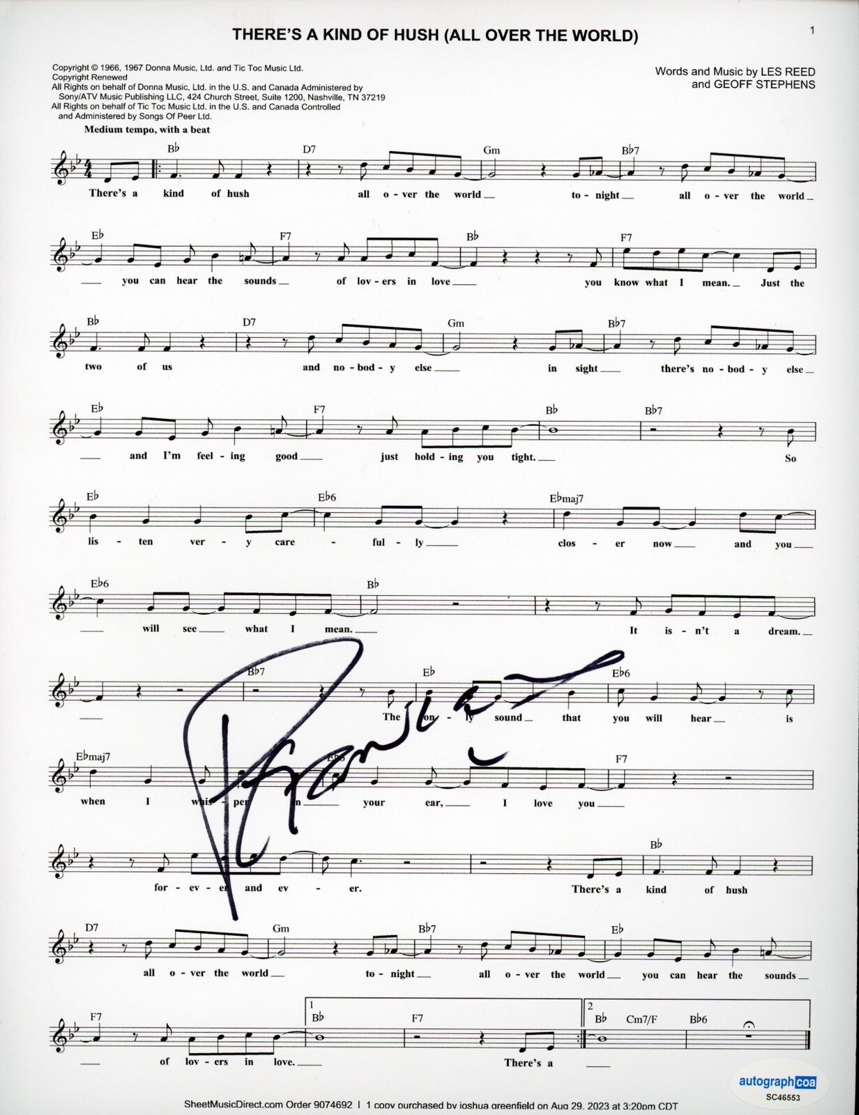 PETER NOONE SIGNED  Hush  AUT0 SHEET MUSIC HERMAN'S HERMITS ACOA certified