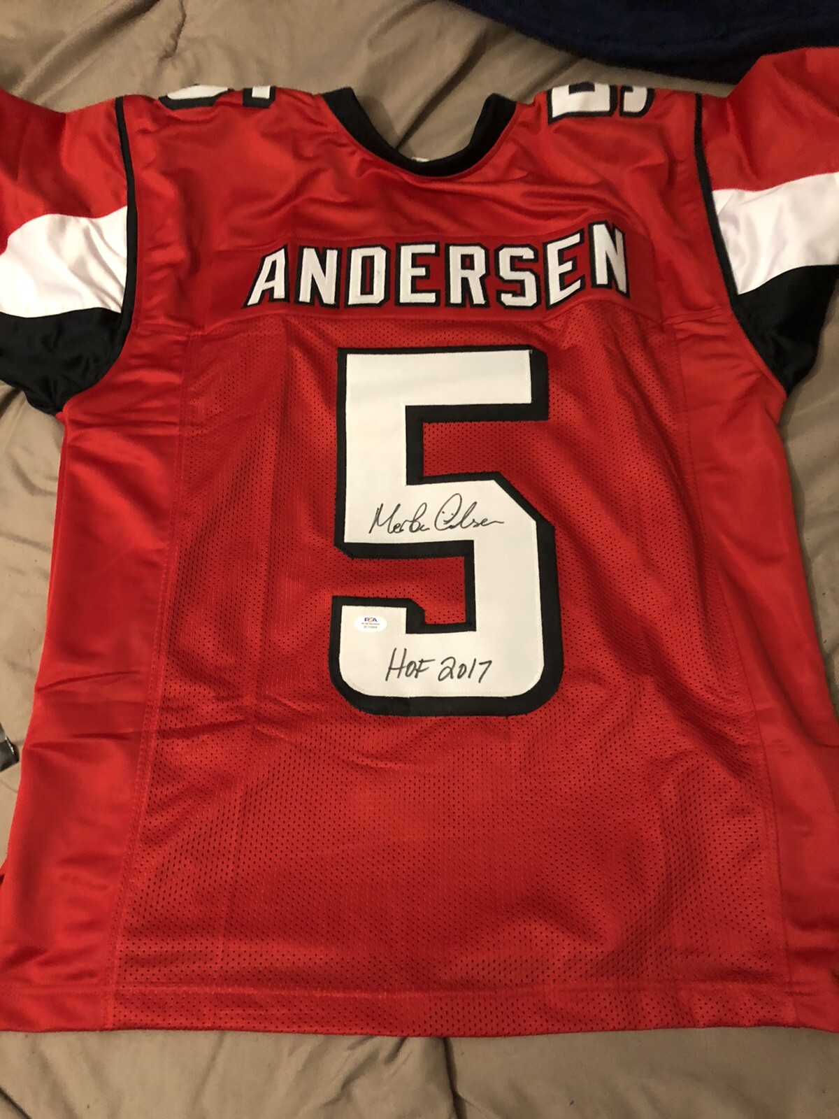 Morten Andersen Signed Atlanta Custom Red Jersey with HOF 2017 Inscription Psa