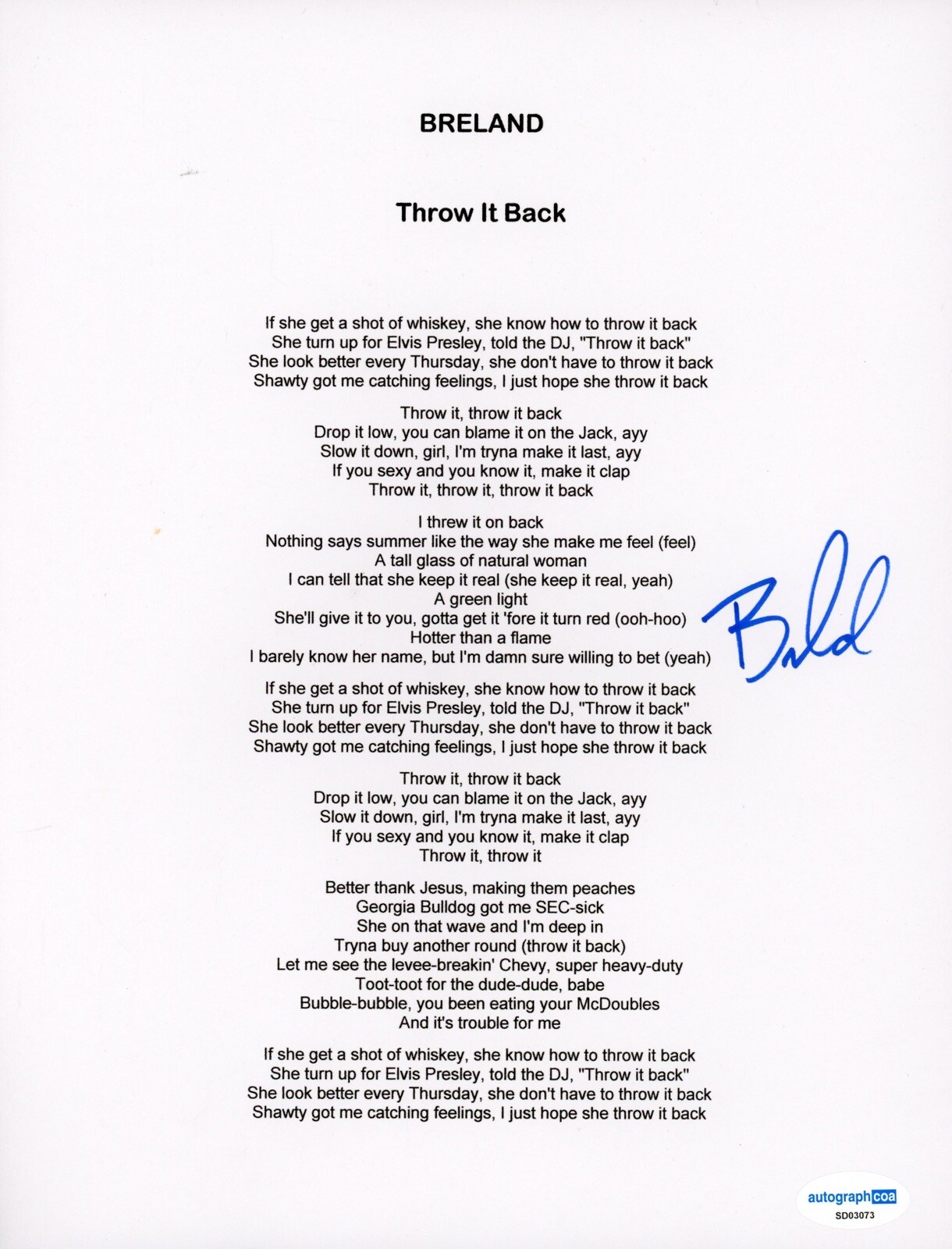 COUNTRY STAR BRELAND SIGNED AUTOGRAPHED LYRIC SHEET ACOA CERT THROW IT BACK