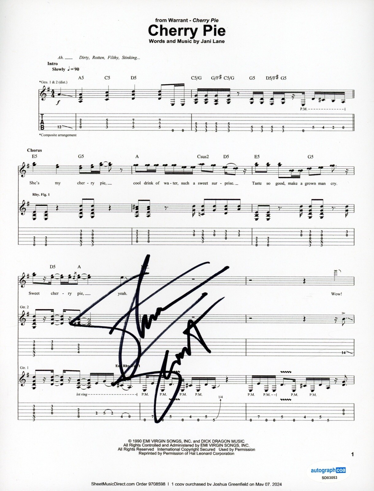 WARRANT STEVEN SWEET SIGNED AUTOGRAPHED CHERRY PIE LYRIC SHEET ACOA CERTIFIED