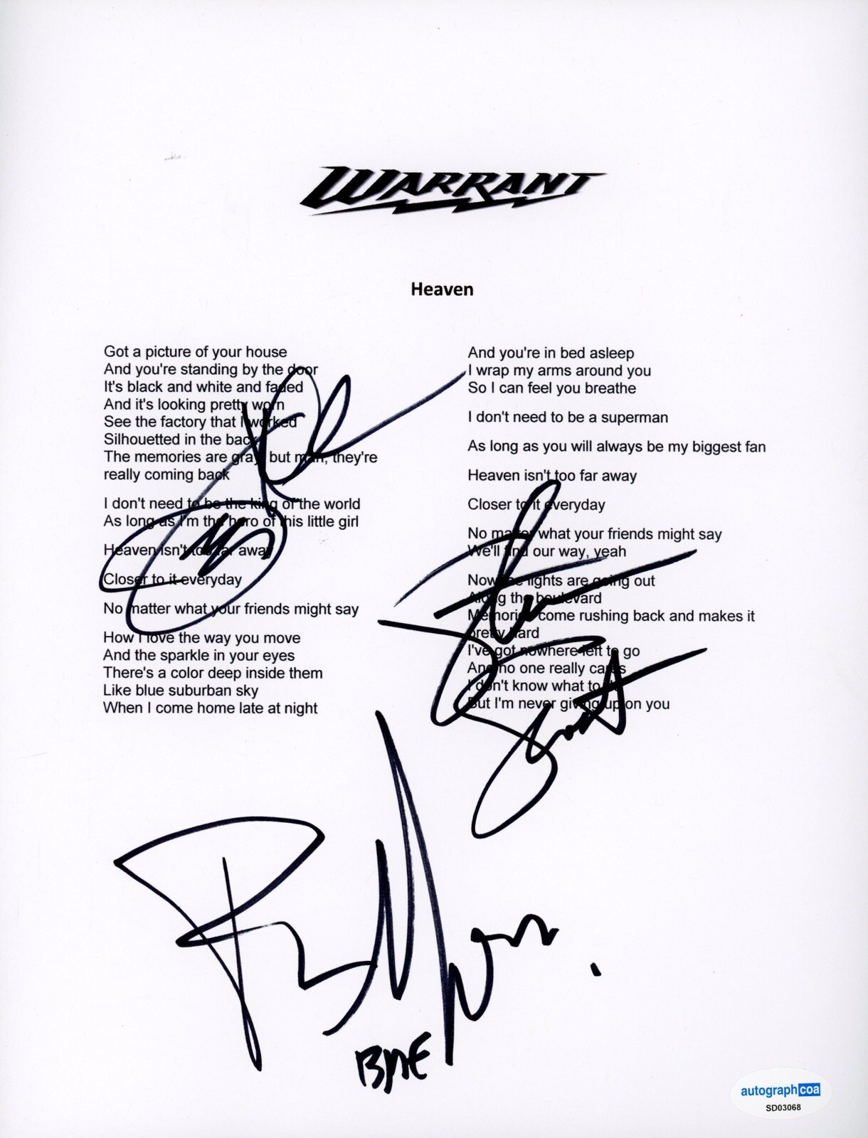 WARRANT STEVEN SWEET JOEY ALLEN ROBERT MASON SIGNED LYRIC SHEET HEAVEN  ACOA