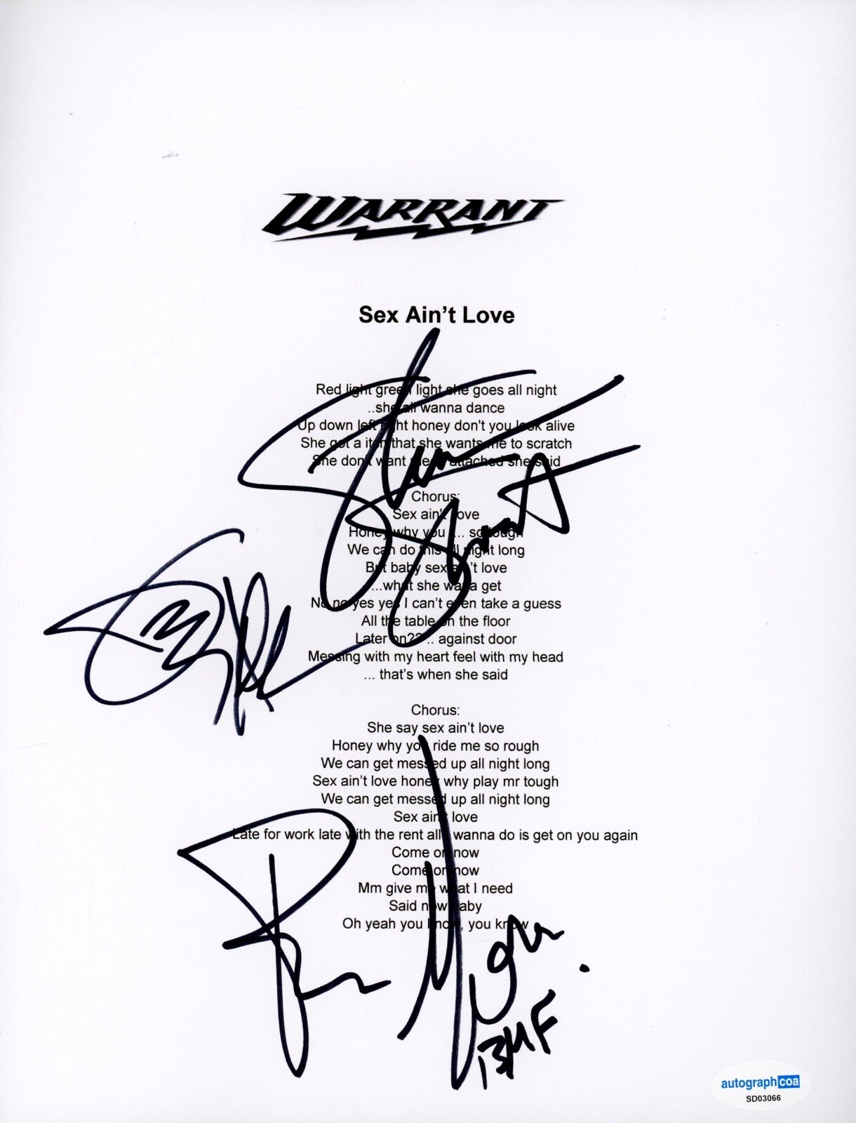 WARRANT STEVEN SWEET JOEY ALLEN ROBERT MASON SIGNED LYRIC SHEET SEX AINT   ACOA