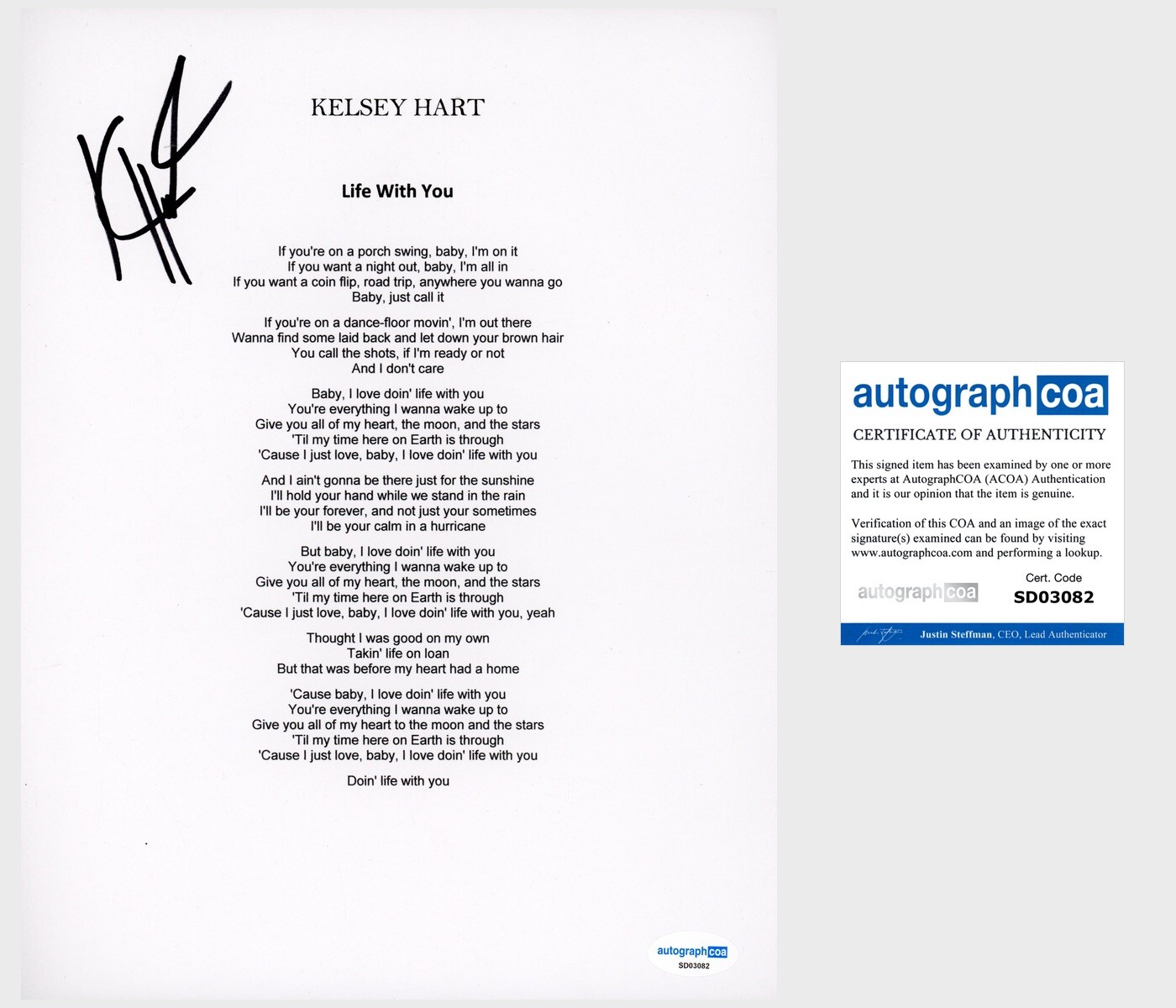 COUNTRY MUSICIAN KELSEY HART SIGNED LYRIC SHEET ACOA CERTIFIED LIFE WITH YOU