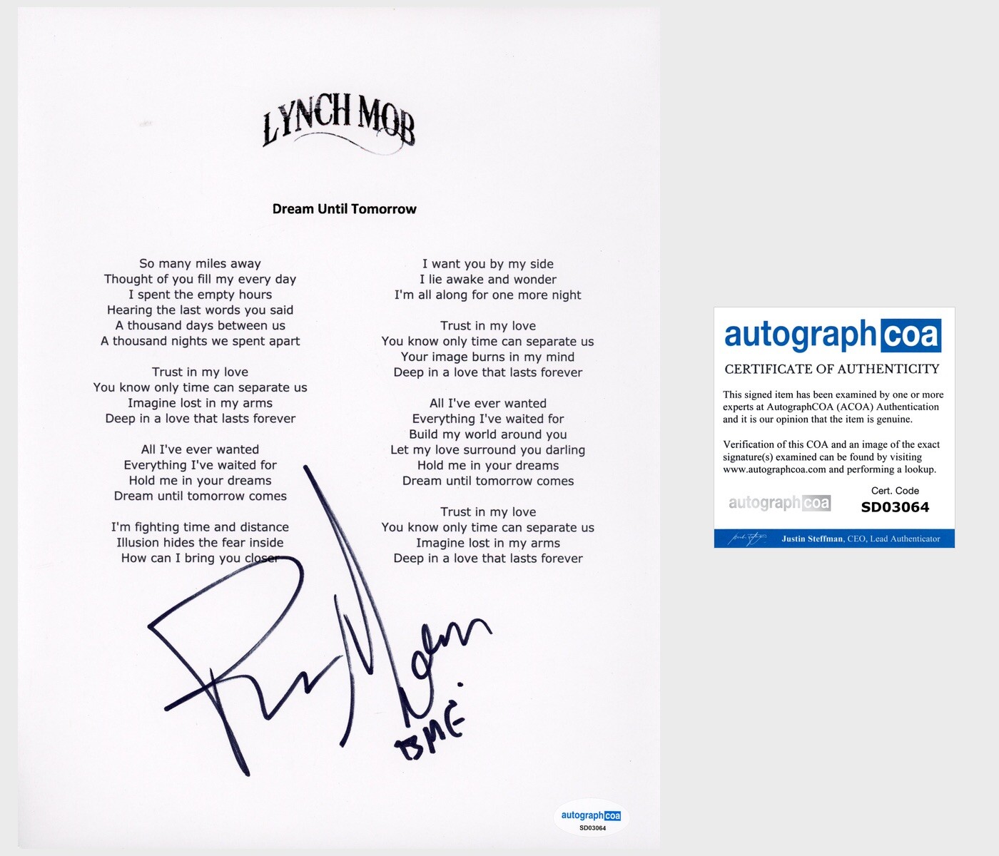 LYNCH MOB BAND ROBERT MASON SIGNED AUTOGRAPHED LYRIC SHEET ACOA CERTIFIED
