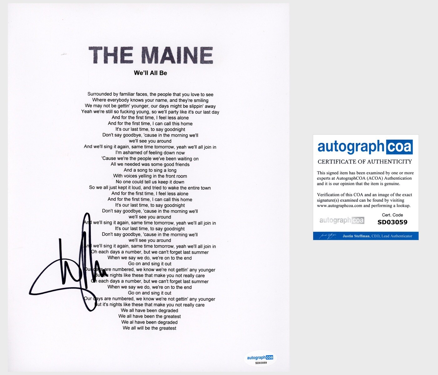THE MAINE JOHN O’CALLAGHAN SIGNED LYRIC SHEET AUTOGRAPH ACOA CERTIFIED WELL ALL