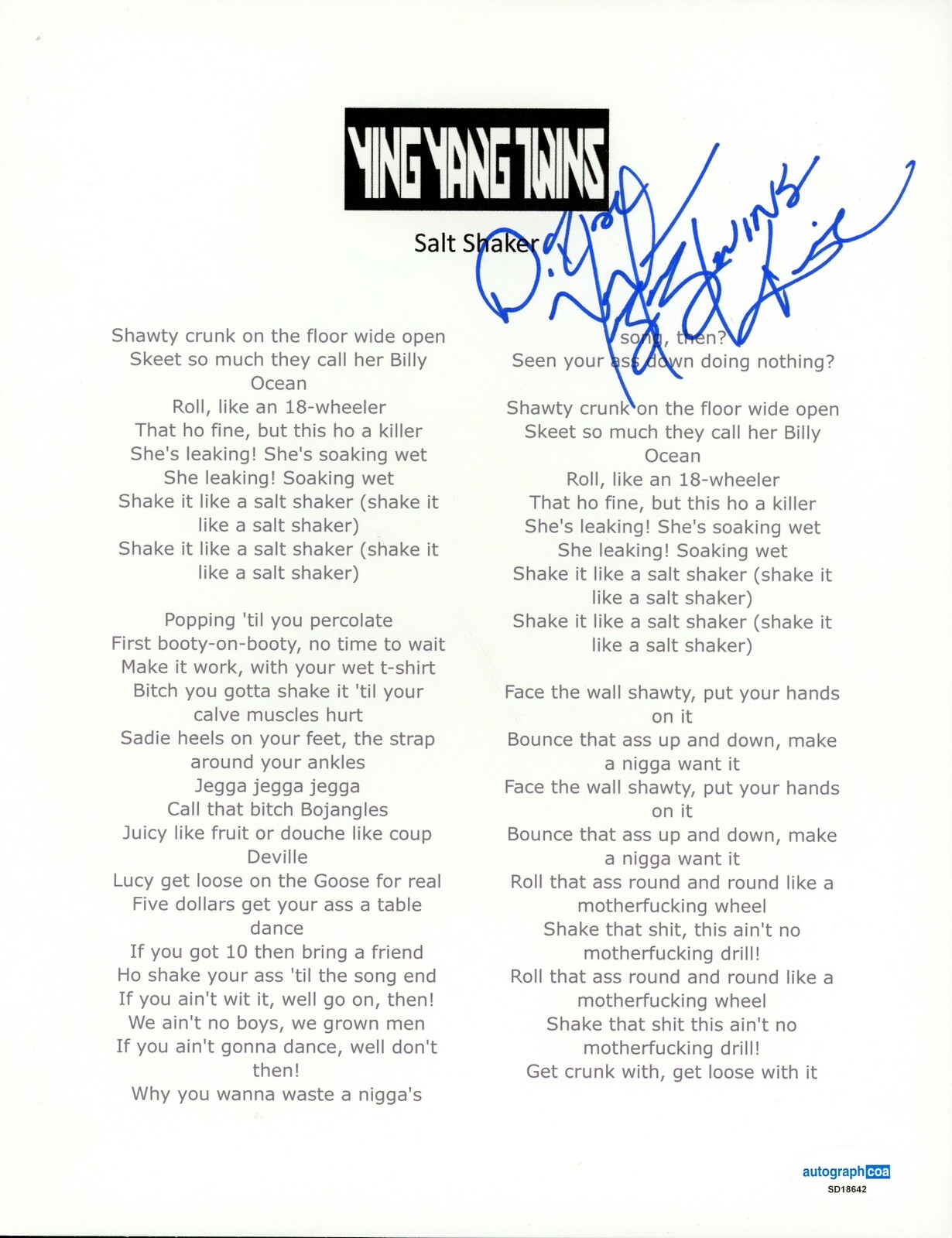 Ying Yang Twins Signed Autograph Wait Song Lyric Sheet Hip Hop Rappers ACOA COA
