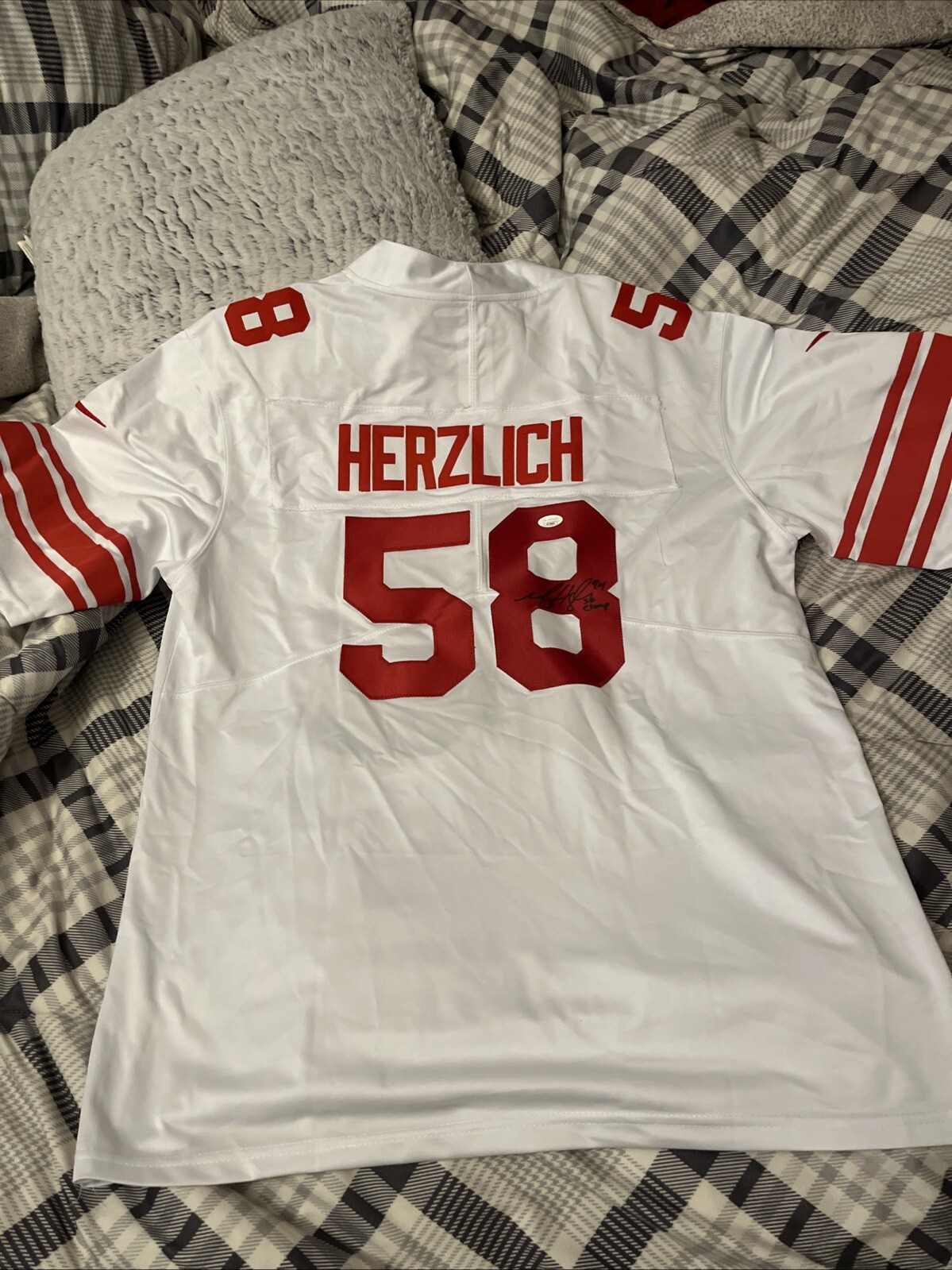 NY GIANTS MARK HERZLICH SIGNED AUTOGRAPHED JERSEY JSA COA SB CHAMP INSCRIP