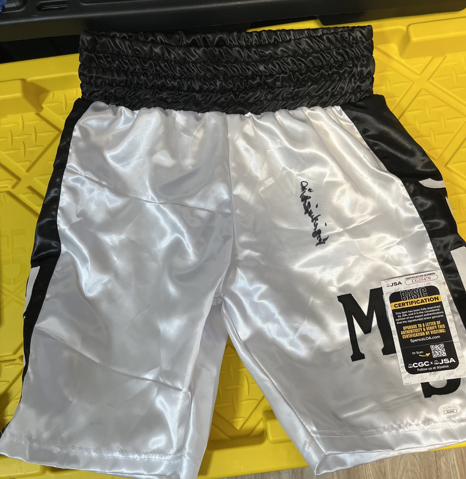 MIKE MICHAEL SPINKS JINX SIGNED AUTOGRAPH BOXING TRUNKS SHORTS JSA COA BOXER HOF