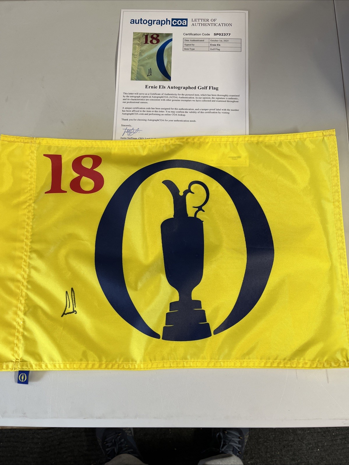 ERNIE ELS SIGNED AUTOGRAPH BRITISH OPEN PIN FLAG ACOA FULL LETTER COA THE OPEN