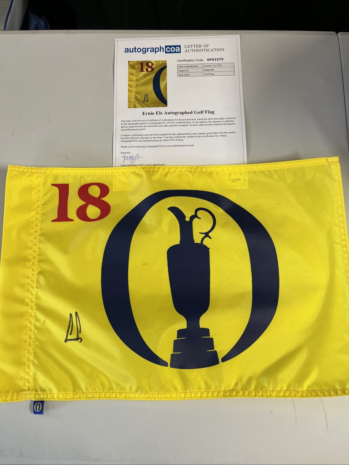 ERNIE ELS SIGNED AUTOGRAPH BRITISH OPEN PIN FLAG ACOA FULL LETTER COA THE OPEN