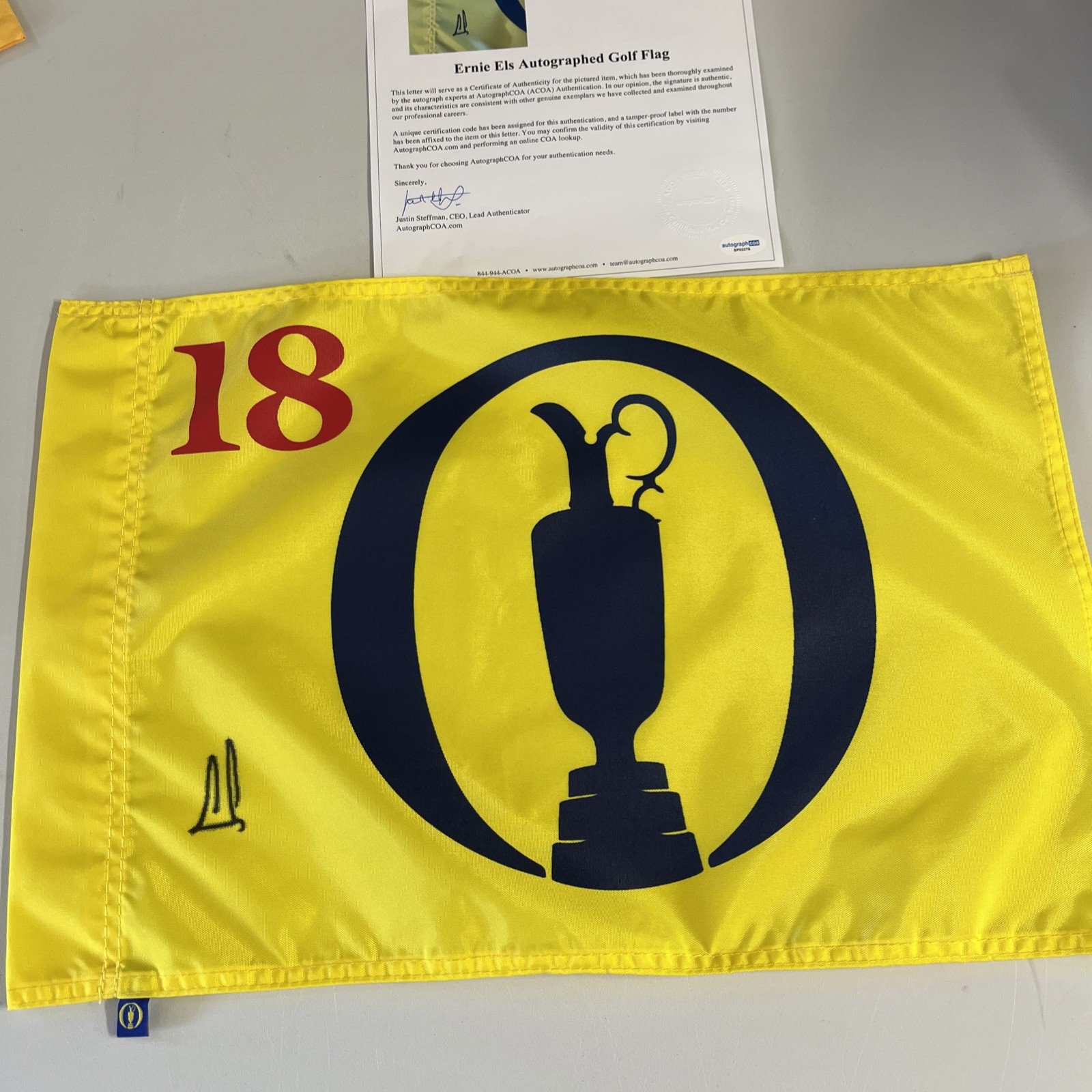 ERNIE ELS SIGNED AUTOGRAPH BRITISH OPEN PIN FLAG ACOA FULL LETTER COA THE OPEN