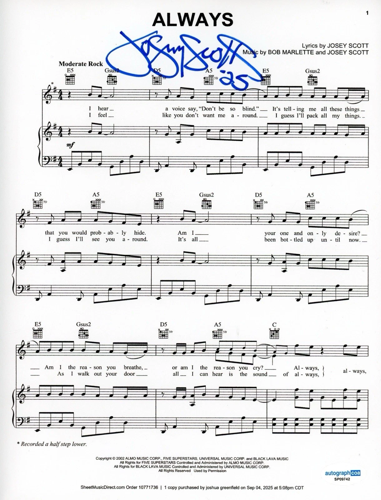 SALIVA JOSEY SCOTT SIGNED AUTOGRAPHED LYRIC ALWAYS ACOA CERTIFIED RARE