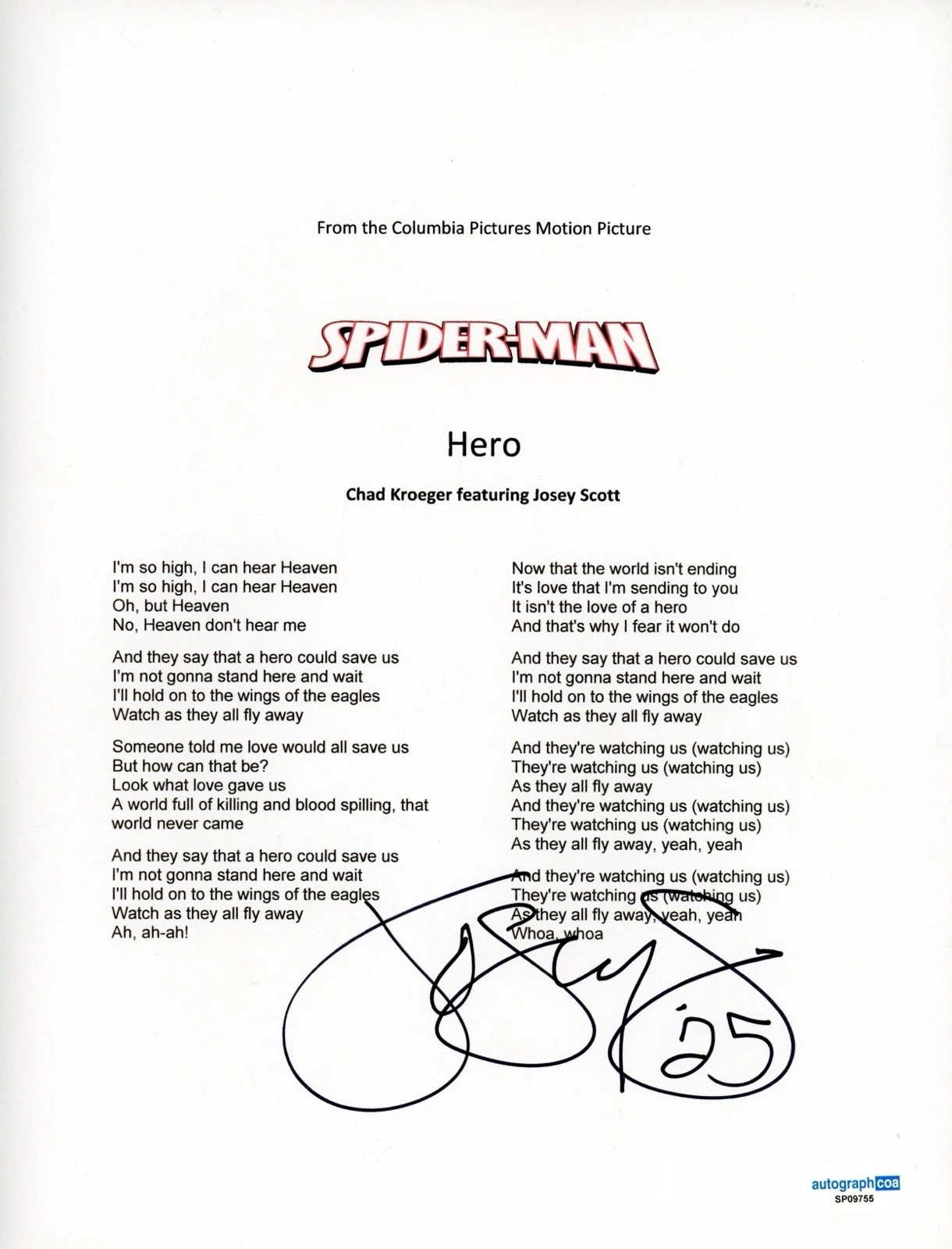 JOSEY SCOTT SIGNED AUTOGRAPHED HERO LYRIC ACOA CERTIFIED SPIDER-MAN