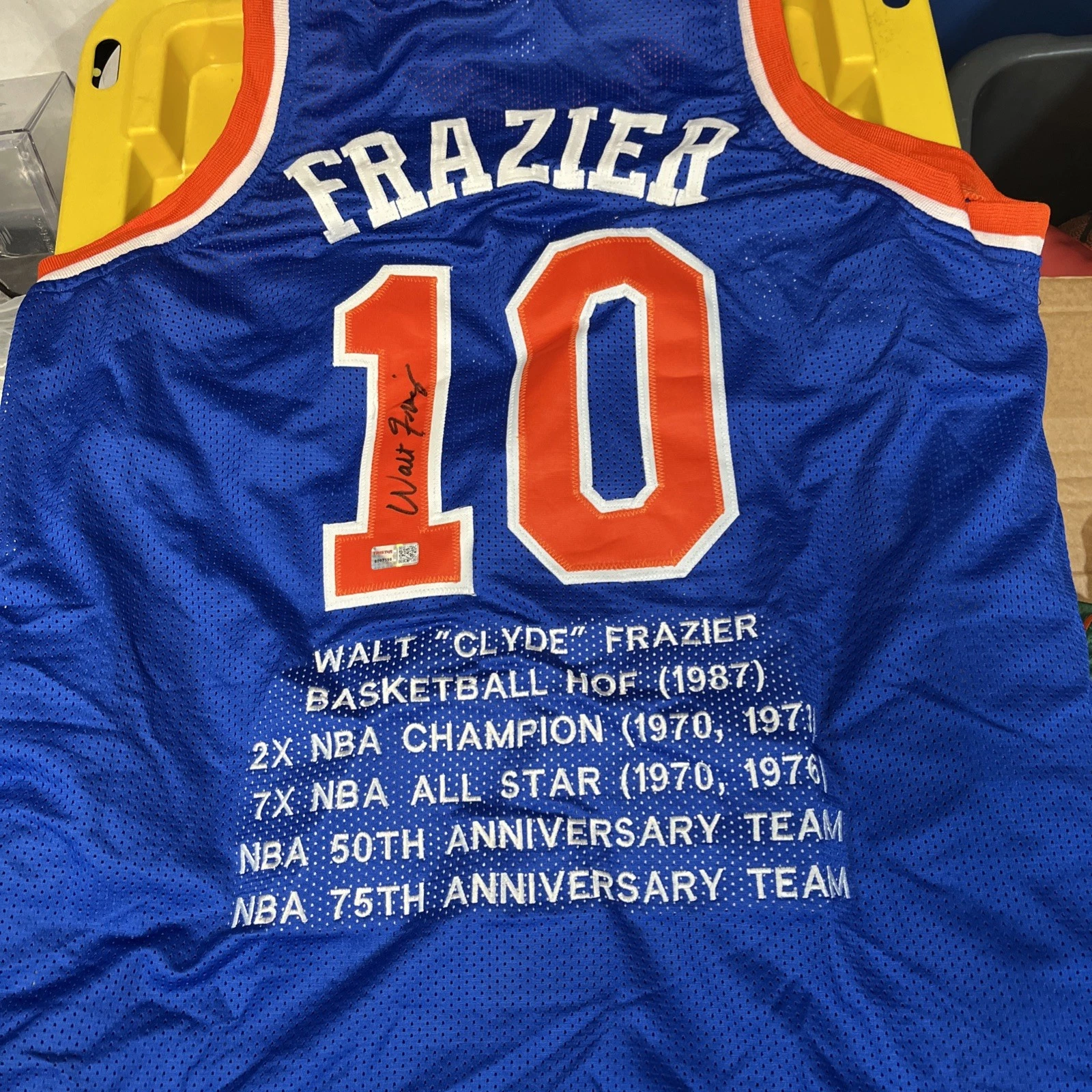 NY KNICKS WALT FRAZIER SIGNED AUTOGRAPHED STAT JERSEY XL TRI STAR COA HOF NBA