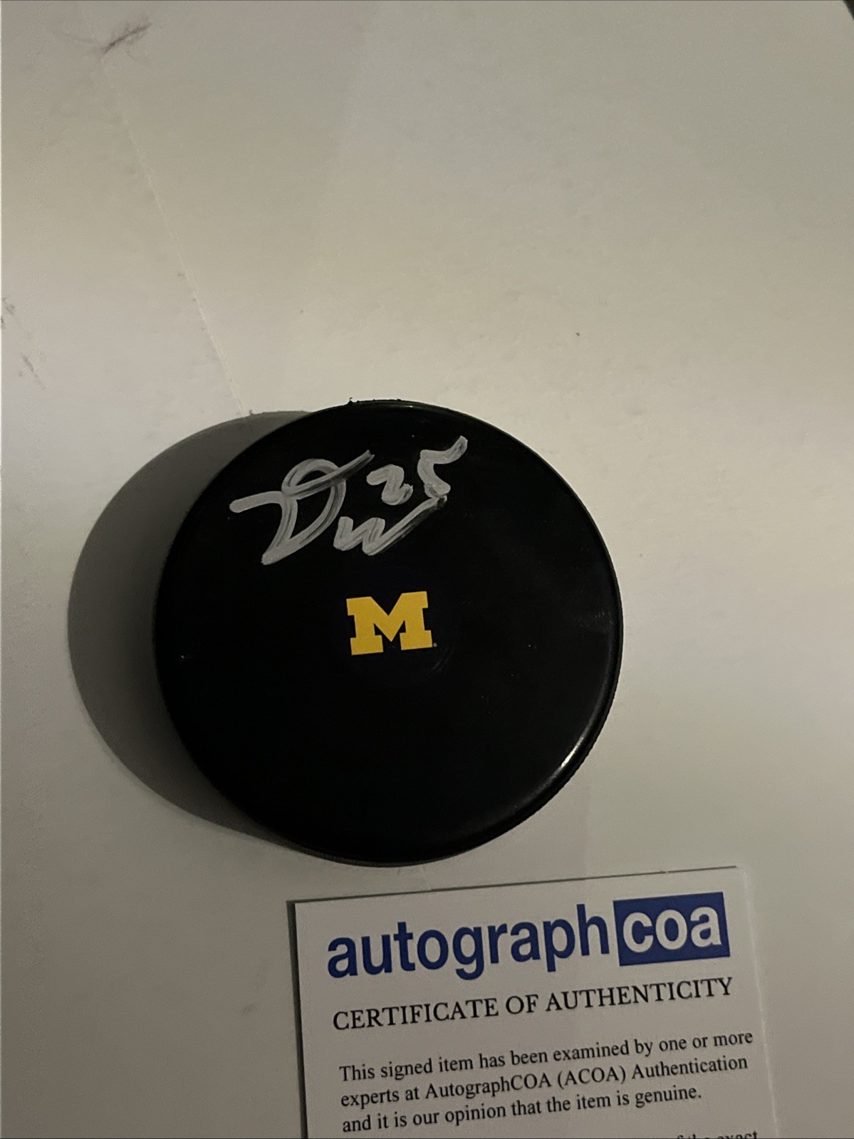 MICHIGAN WOLVERINES- DYLAN DUKE SIGNED AUTOGRAPH HOCKEY PUCK ACOA LIGHTNING