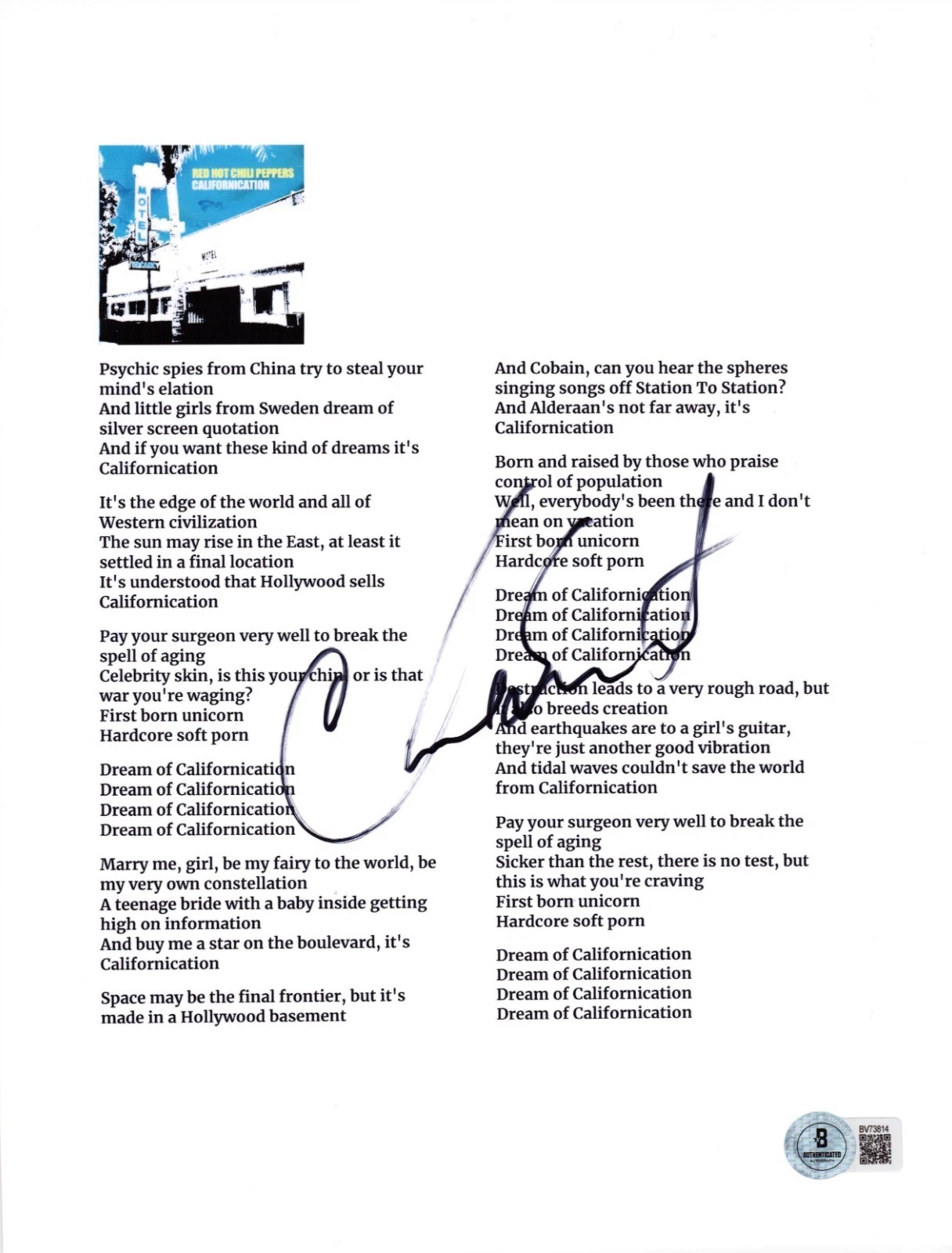 Chad Smith Signed Red Hot Chili Peppers Californication Lyric Sheet Beckett