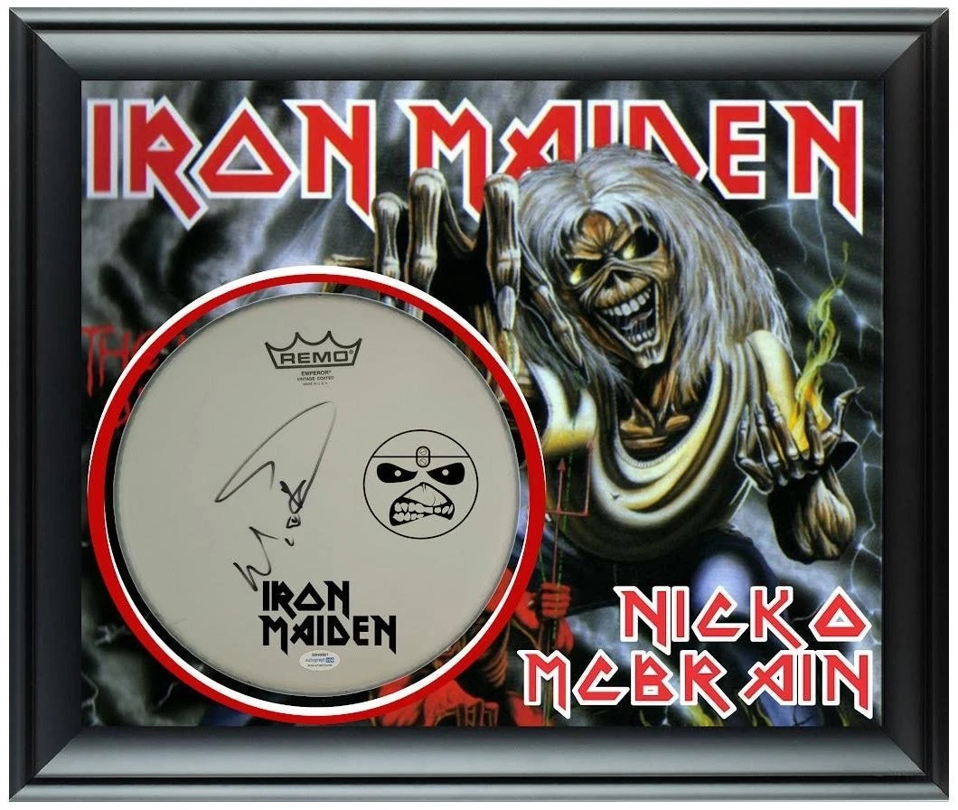 Iron Maiden Nicko McBrain Autographed Custom Framed Drum Head Drumhead Display A