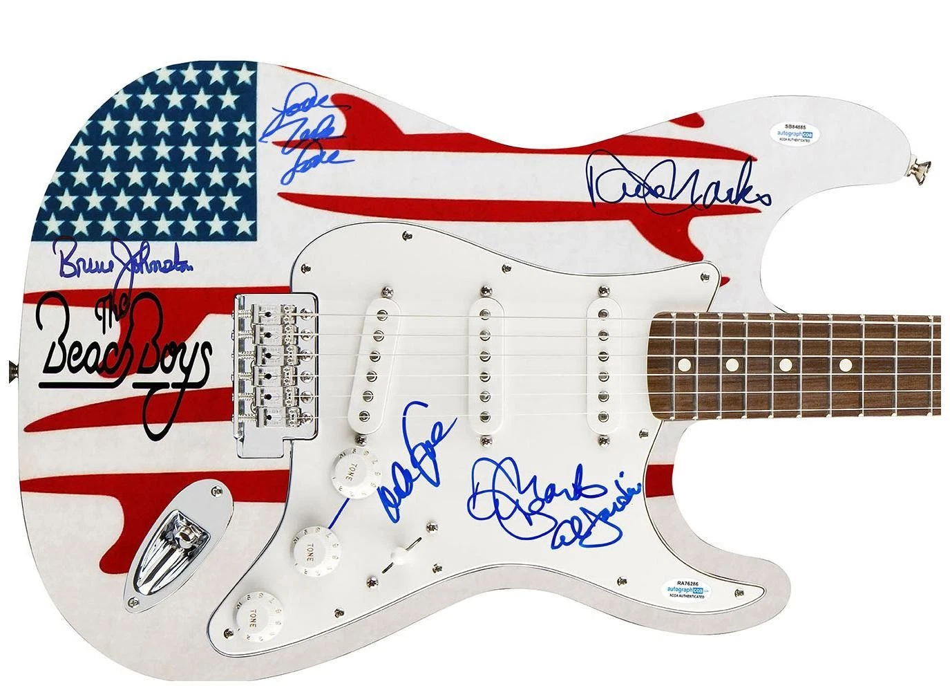 The Beach Boys Autographed USA Surfin Graphics Photo Guitar ACOA Exact Proof