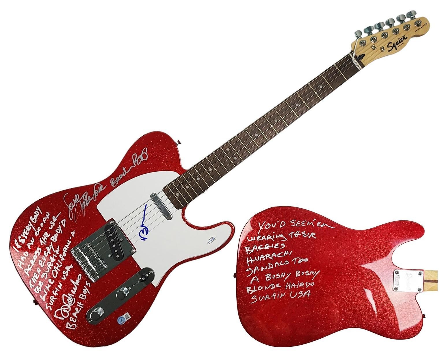 The Beach Boys Autographed Fender Guitar w Surfin USA Lyrics Exact Proof BAS Wit