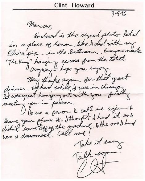 Clint Howard Signed Autographed Handwritten Letter