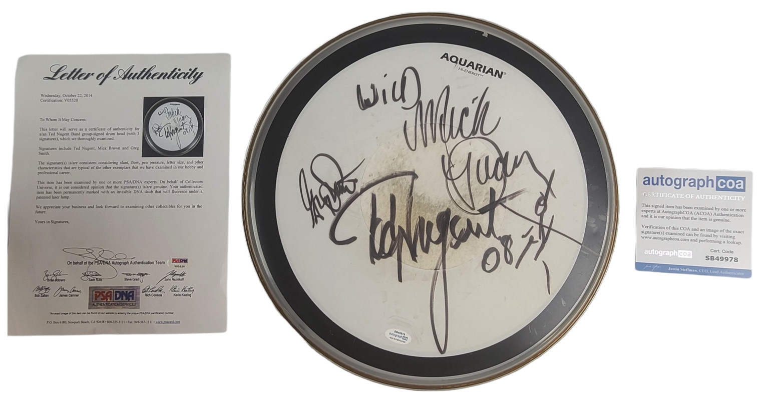 Ted Nugent Band Autographed Concert Used Rolling Thunder Tour 14 Inch Drum Head