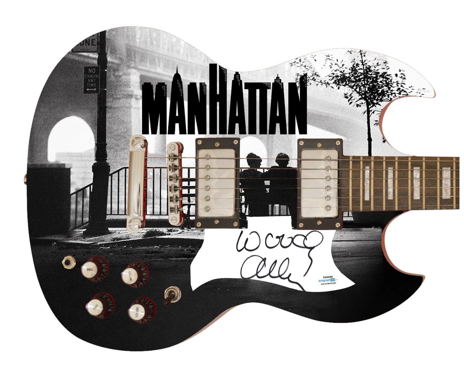 Woody Allen Signed Manhattan Movie Photo Guitar ACOA