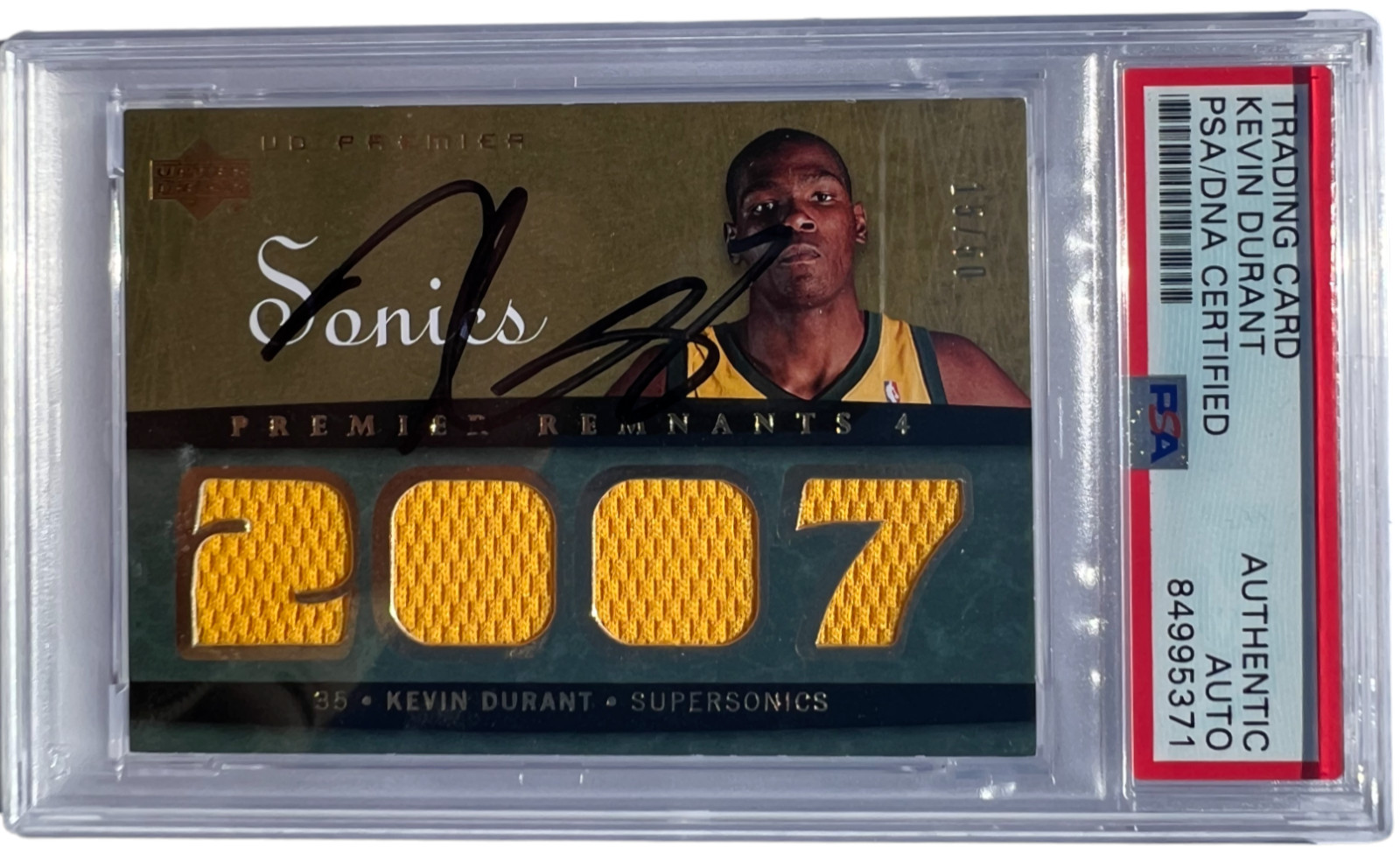 KEVIN DURANT SIGNED 2007-08 UD PREMIER ROOKIE CARD JERSEY GOLD /50 PSA/DNA !