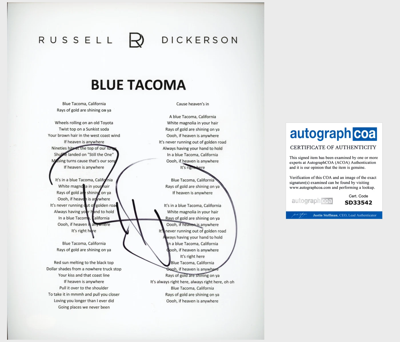 RUSSELL DICKERSON SIGNED AUTOGRAPH BLUE TACOMA LYRICS SHEET w/PROOF & ACOA COA