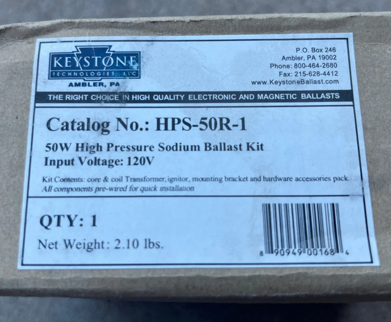 Keystone HPS-50R-1-KIT High Pressure Sodium 50W Ballast Kit 120V 19388
