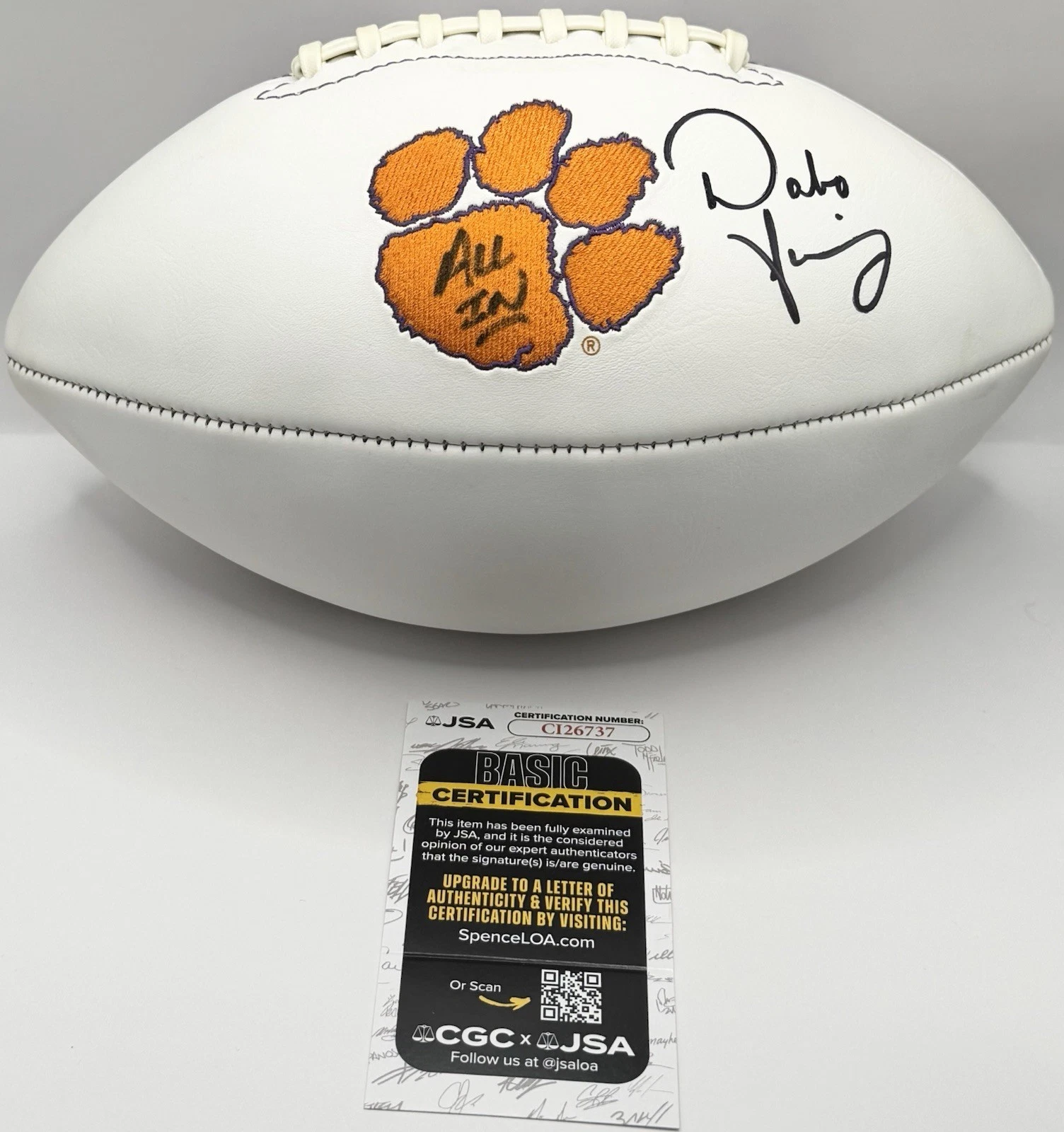 Dabo Swinney Signed Autographed Clemson Tigers Logo Football JSA COA All In