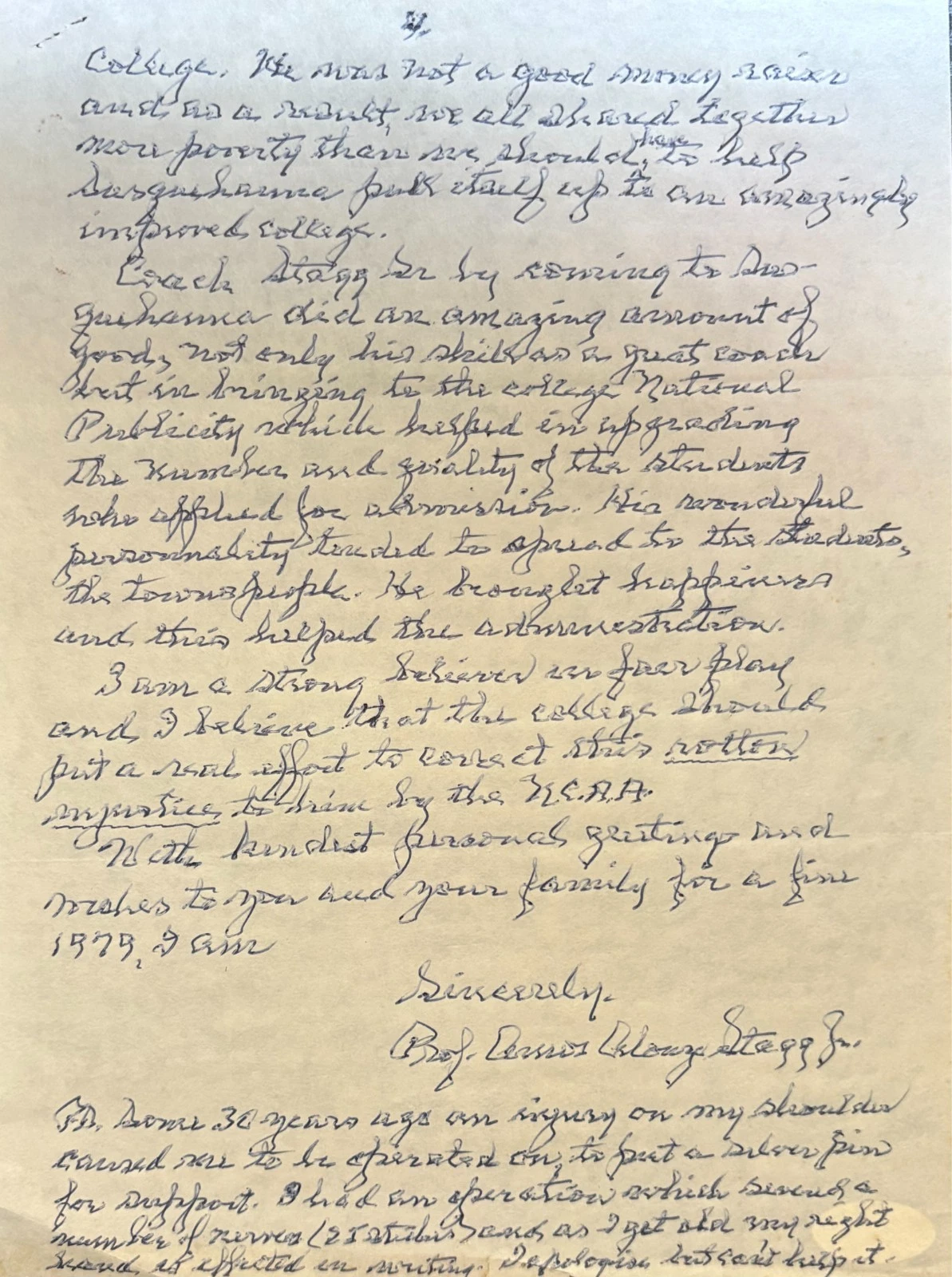 Amos Stagg Jr Signed Handwritten 4 Page Letter NCAA Stagg Sr Content JSA