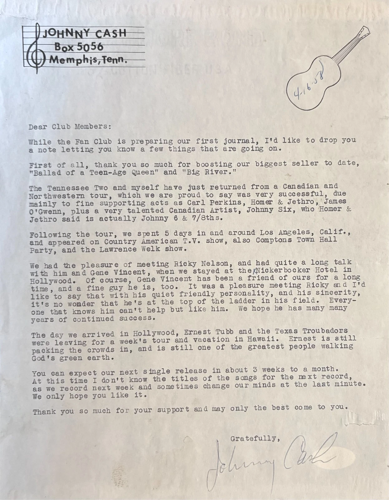 Johnny Cash Signed 1958 Fan Club Letter INCREDIBLE CONTENT! JSA