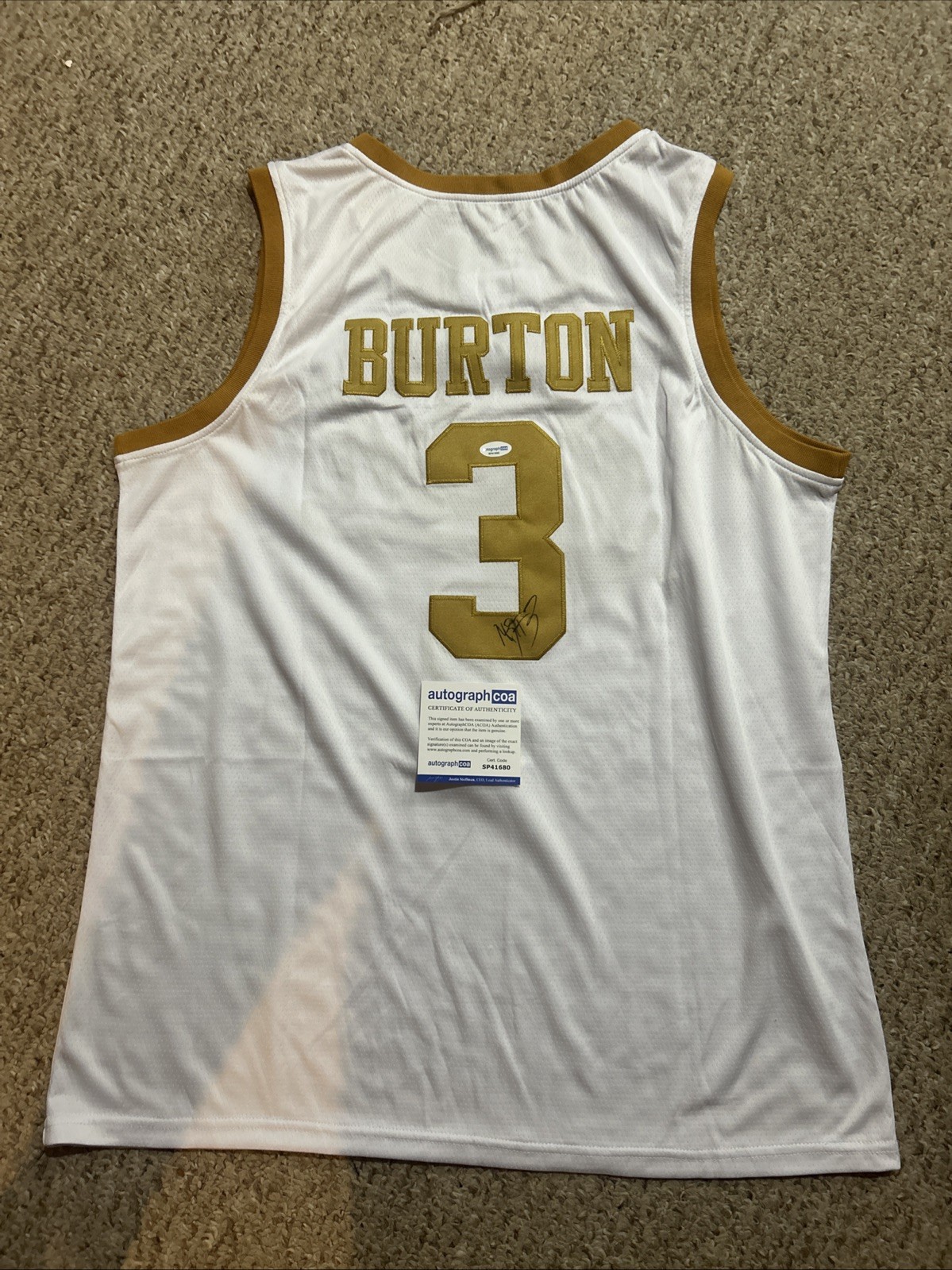 NOTRE DAME FIGHTING IRISH- MARKUS BURTON SIGNED AUTOGRAPH JERSEY ACOA BASKETBALL
