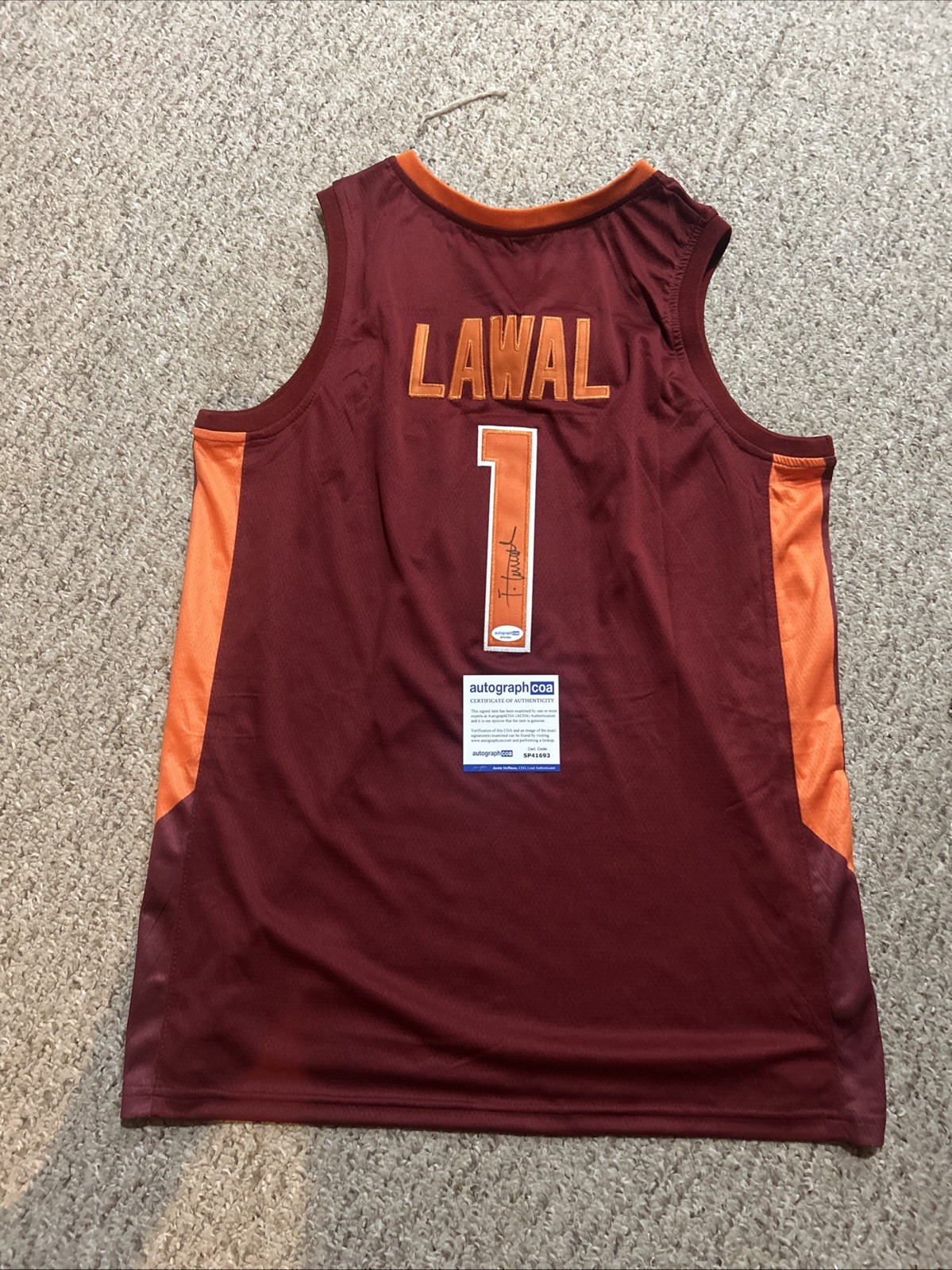 VIRGINIA TECH HOKIES- TOBI LAWAL SIGNED AUTOGRAPH JERSEY ACOA BASKETBALL STAR