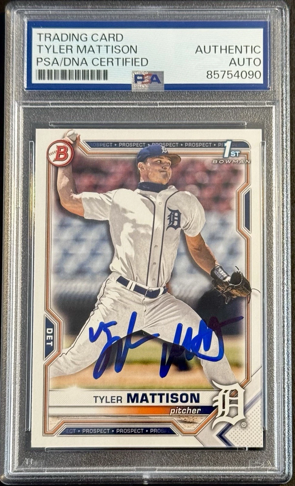 Tyler Mattison Signed 2021 1st Bowman Rookie Card PSA/DNA Slabbed Tigers